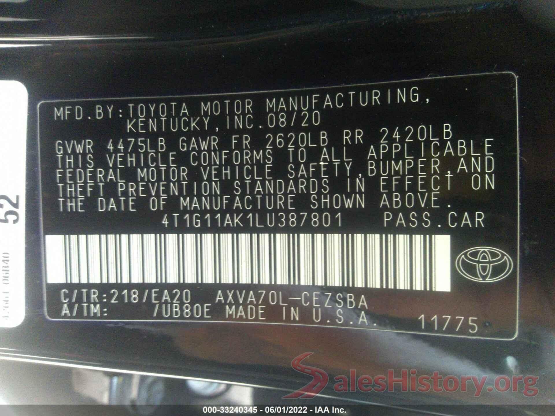 4T1G11AK1LU387801 2020 TOYOTA CAMRY