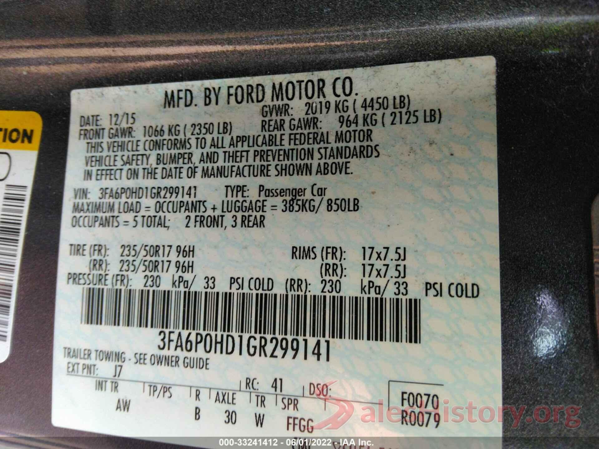 3FA6P0HD1GR299141 2016 FORD FUSION