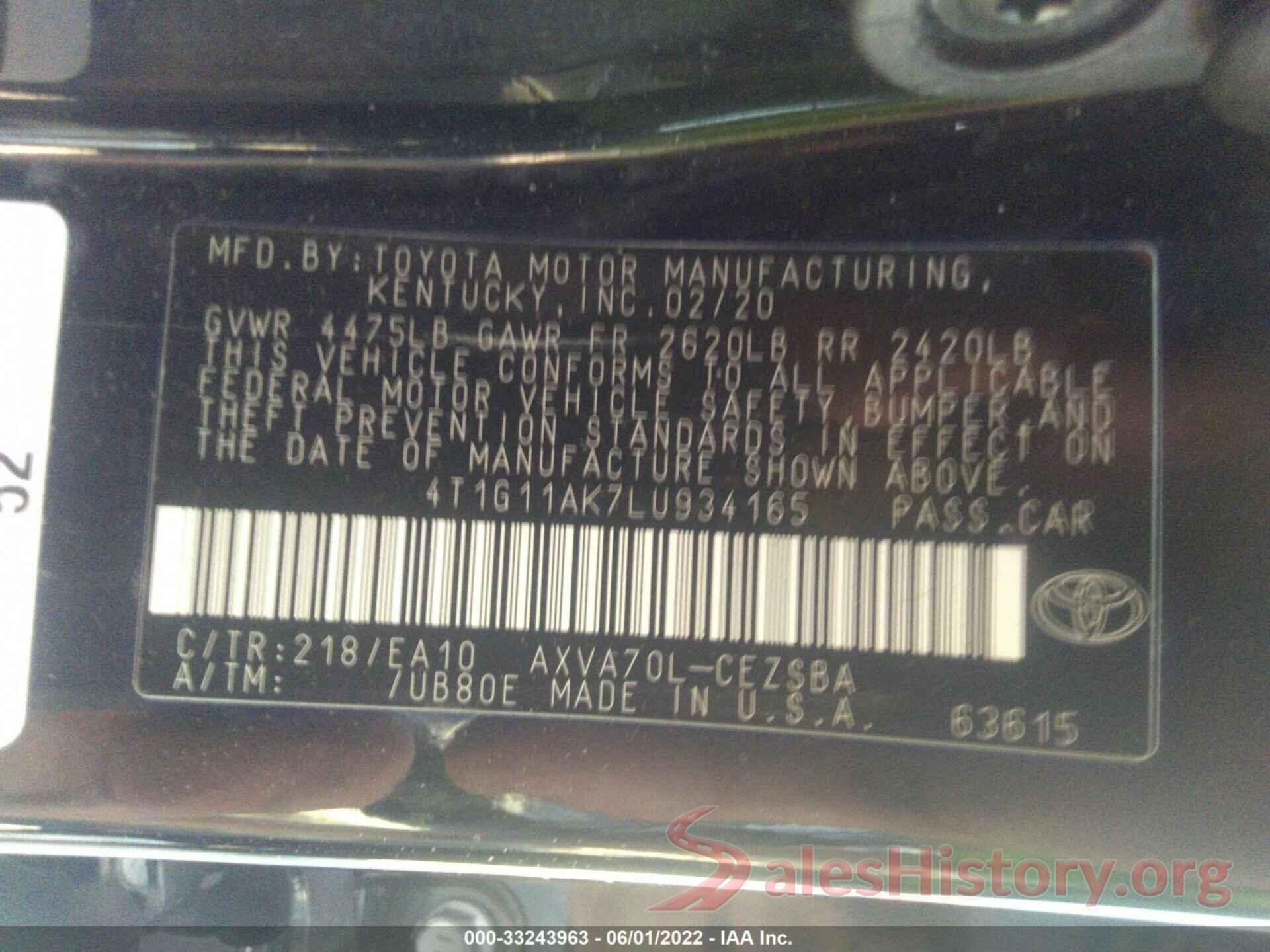 4T1G11AK7LU934165 2020 TOYOTA CAMRY