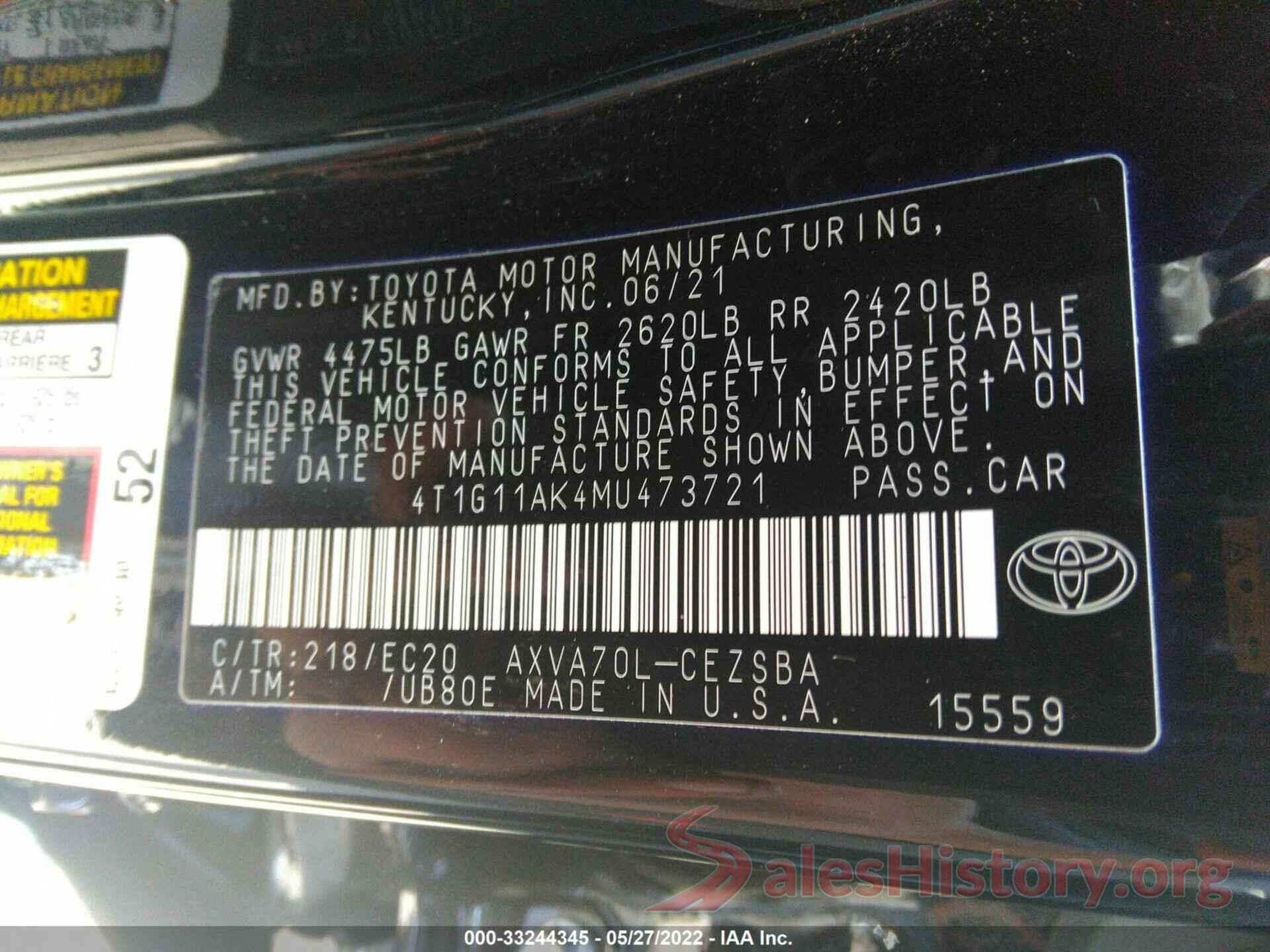 4T1G11AK4MU473721 2021 TOYOTA CAMRY