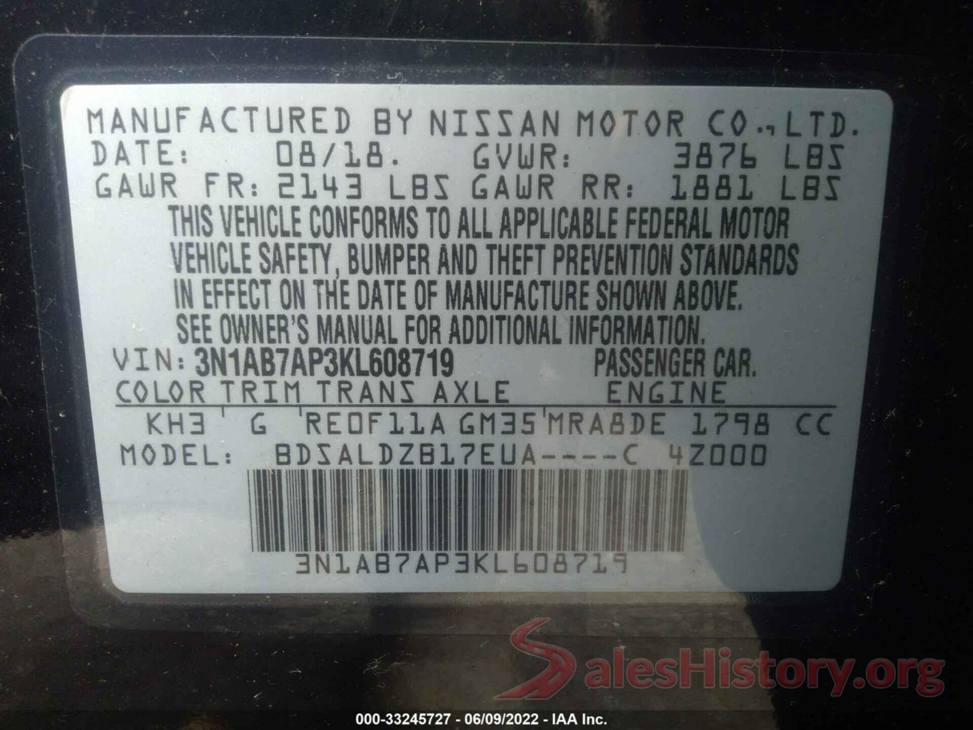 3N1AB7AP3KL608719 2019 NISSAN SENTRA