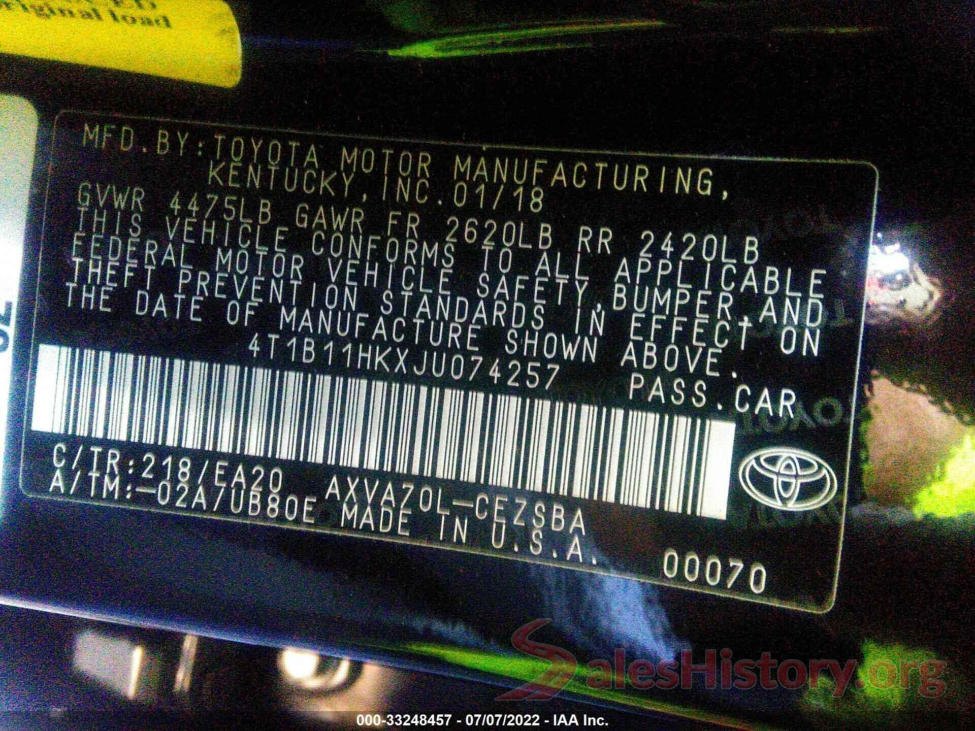 4T1B11HKXJU074257 2018 TOYOTA CAMRY