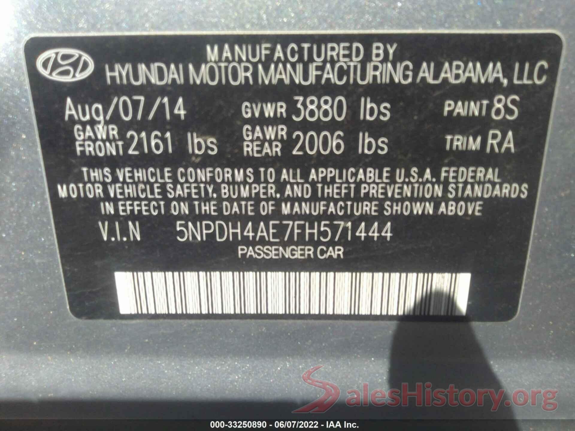 5NPDH4AE7FH571444 2015 HYUNDAI ELANTRA