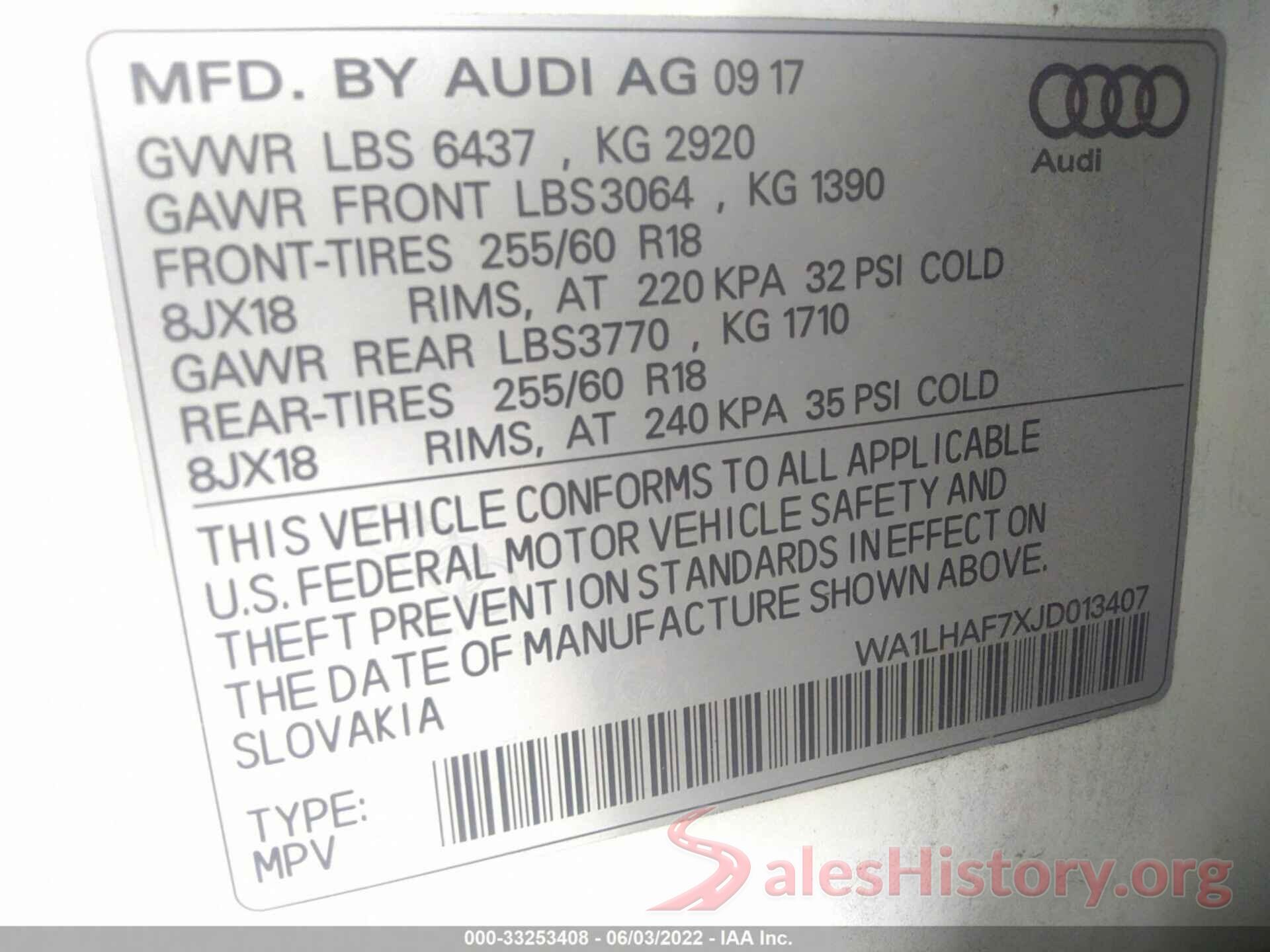 WA1LHAF7XJD013407 2018 AUDI Q7