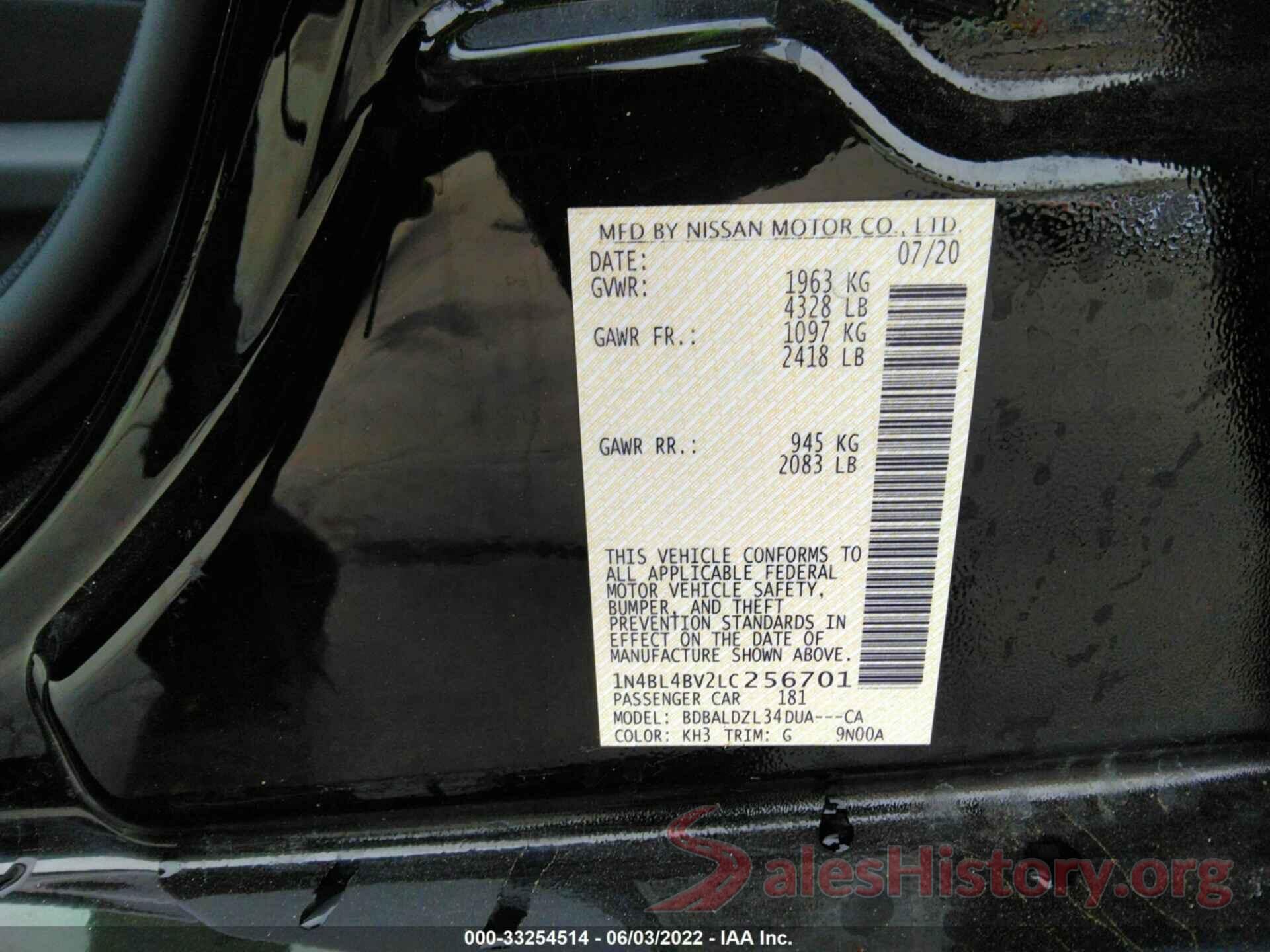 1N4BL4BV2LC256701 2020 NISSAN ALTIMA