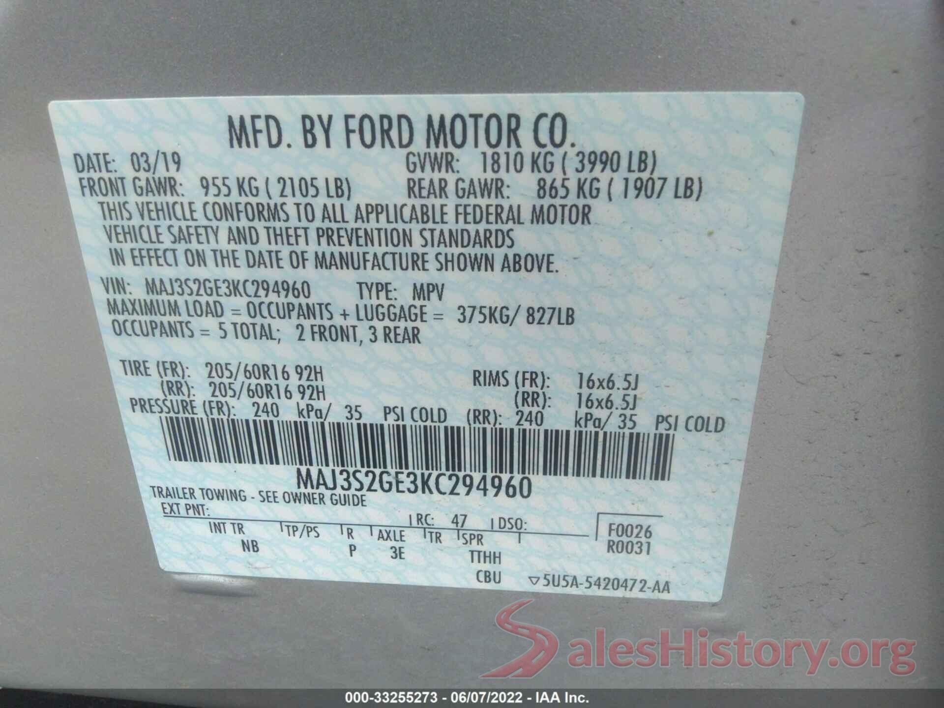 MAJ3S2GE3KC294960 2019 FORD ECOSPORT