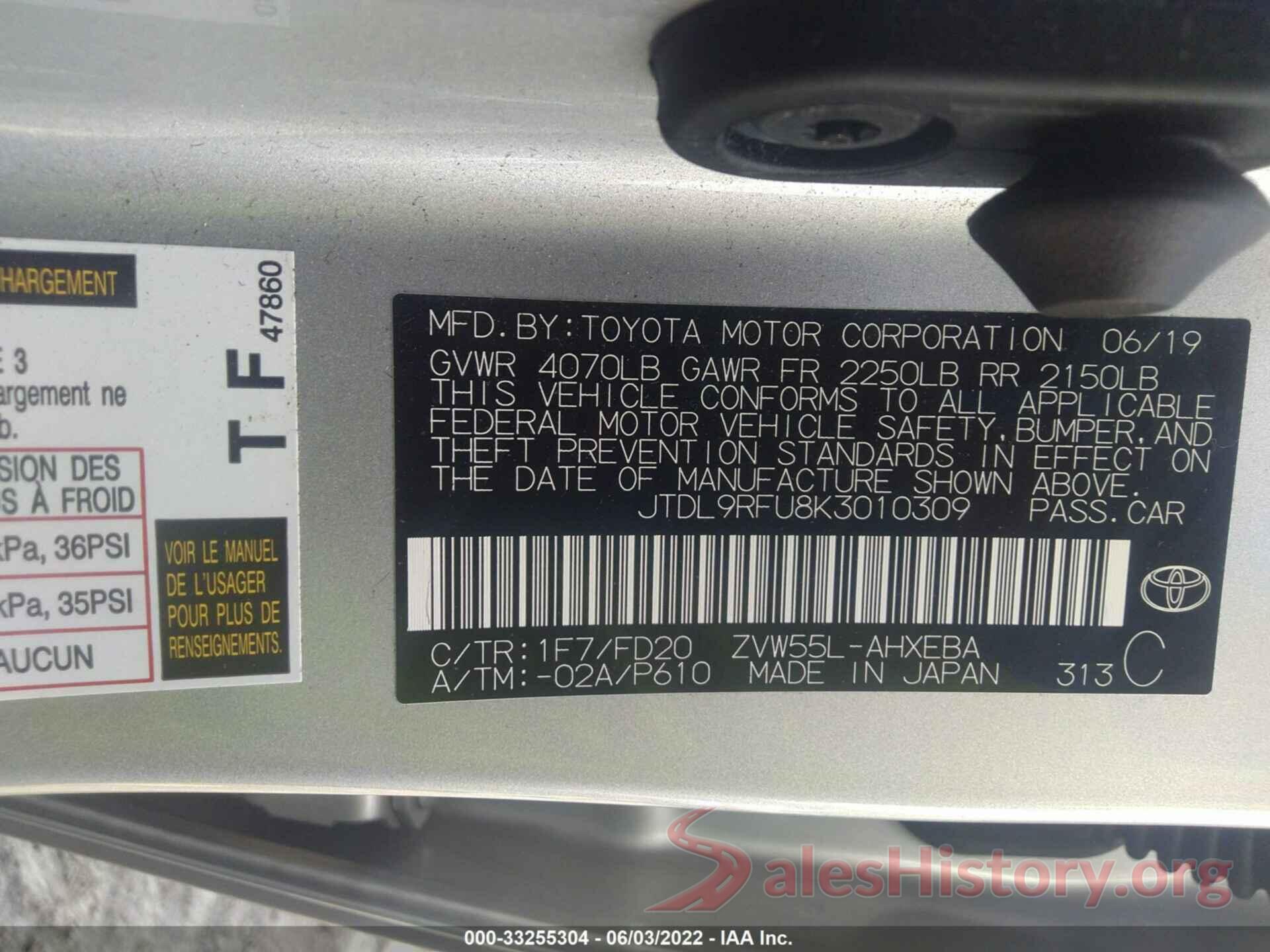 JTDL9RFU8K3010309 2019 TOYOTA PRIUS