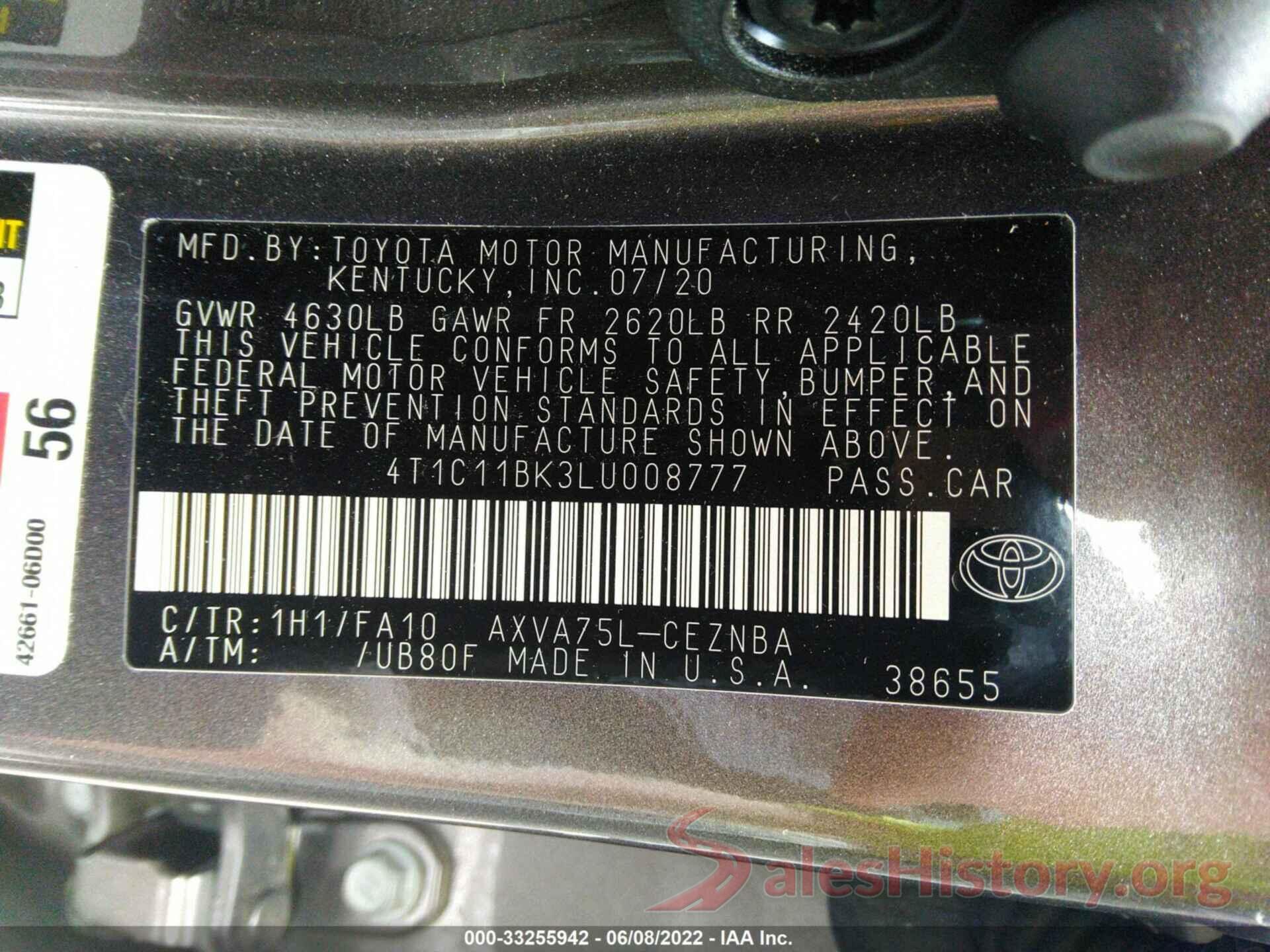 4T1C11BK3LU008777 2020 TOYOTA CAMRY