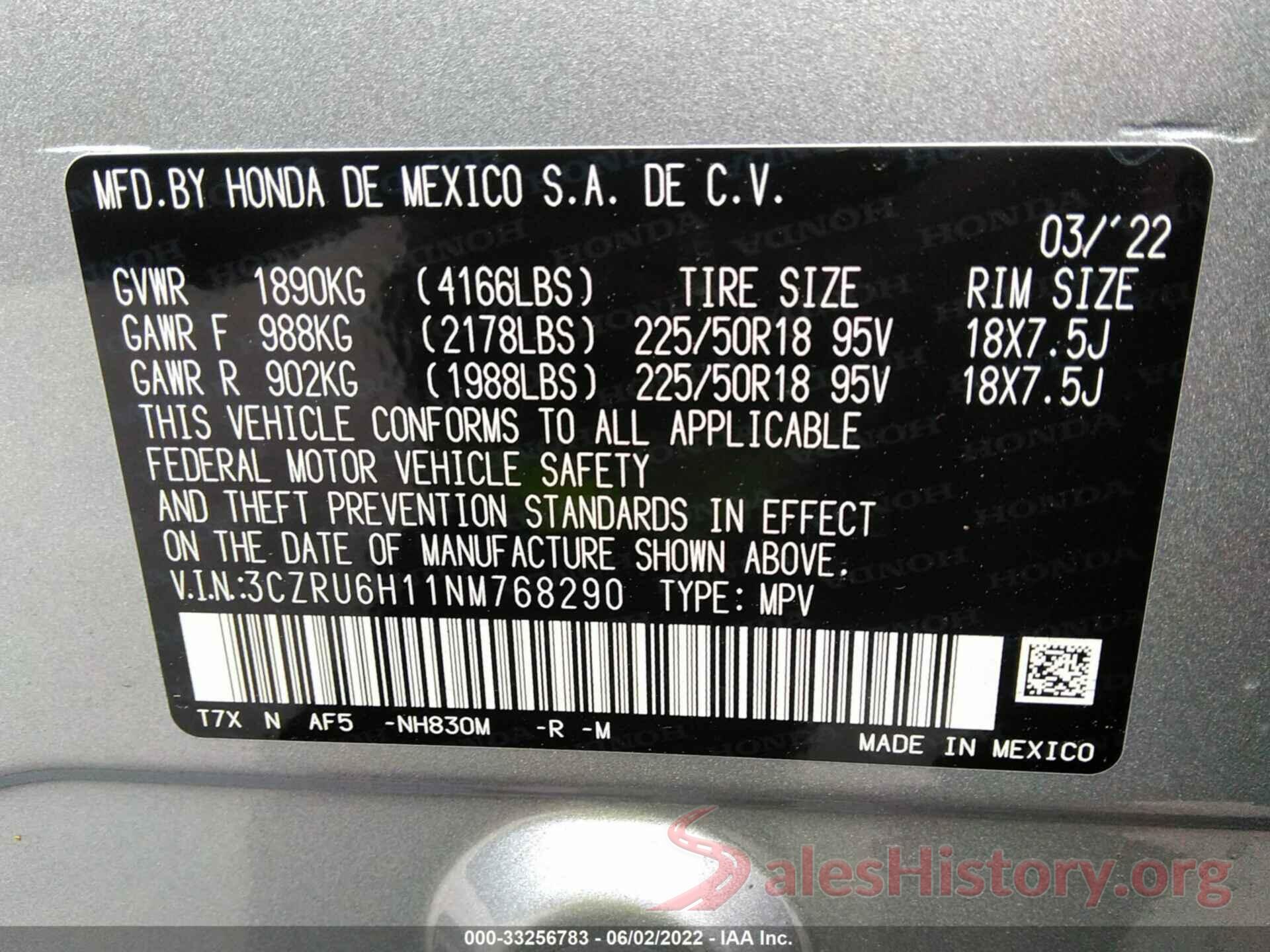 3CZRU6H11NM768290 2022 HONDA HR-V