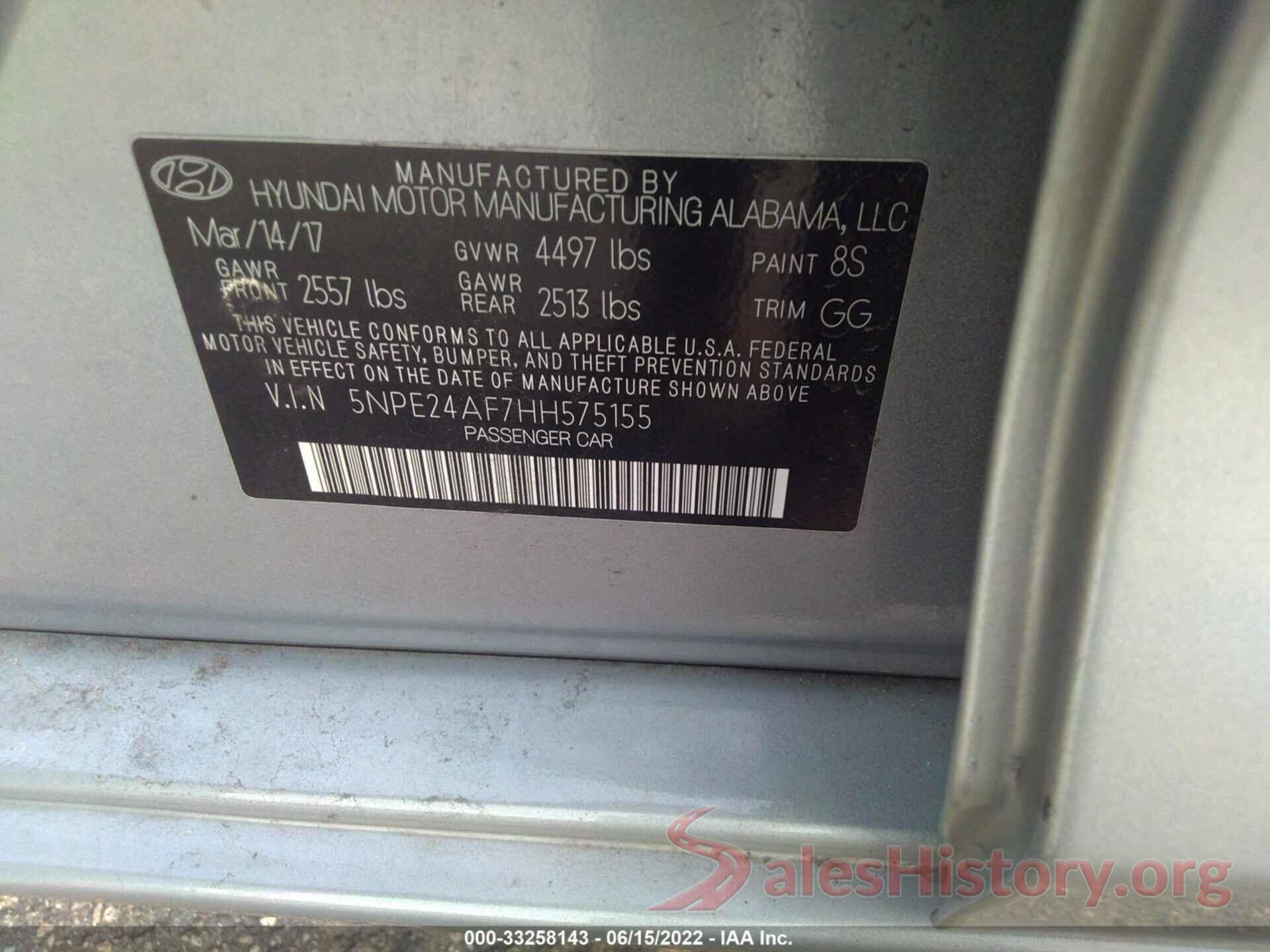 5NPE24AF7HH575155 2017 HYUNDAI SONATA