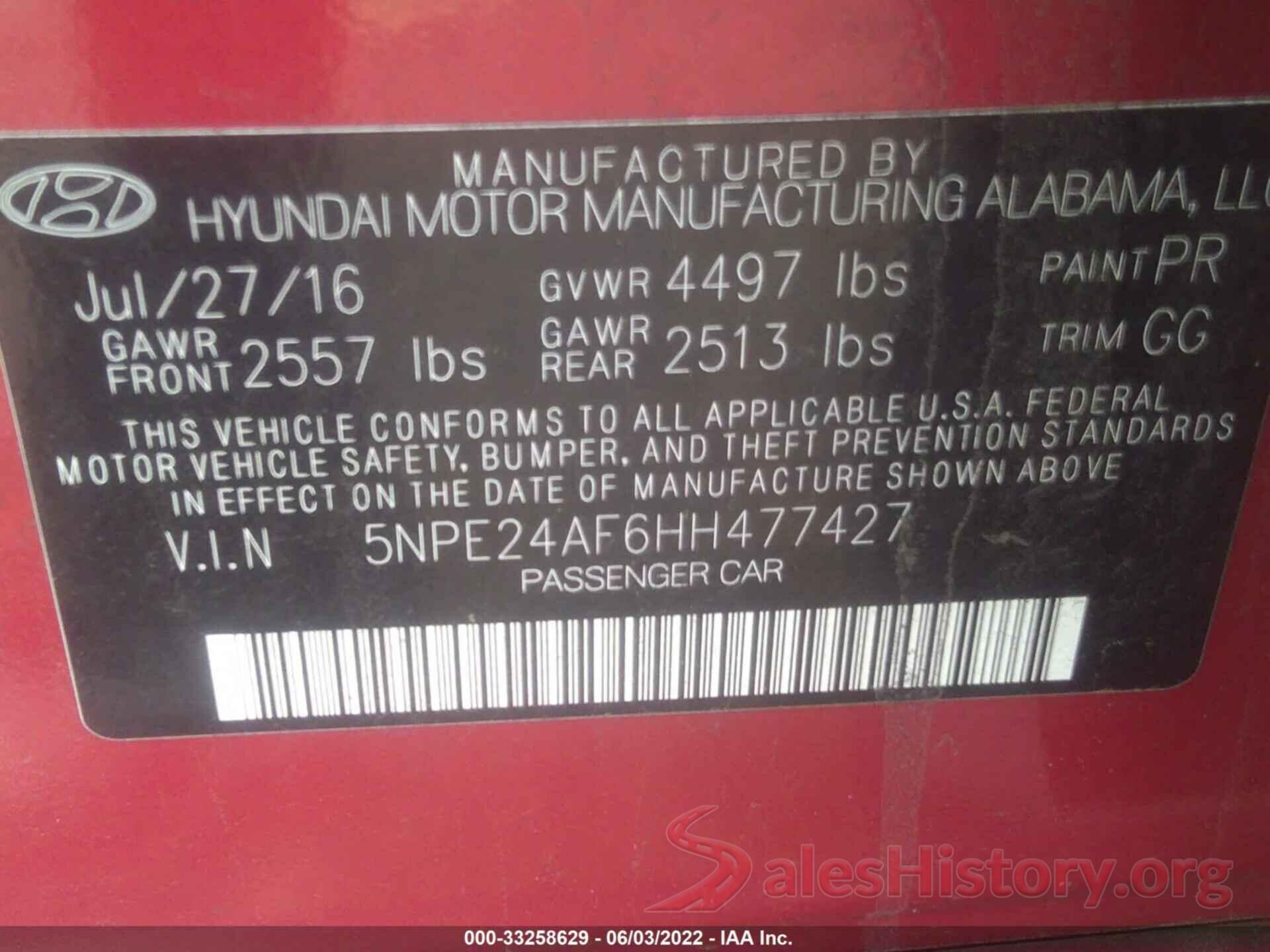 5NPE24AF6HH477427 2017 HYUNDAI SONATA