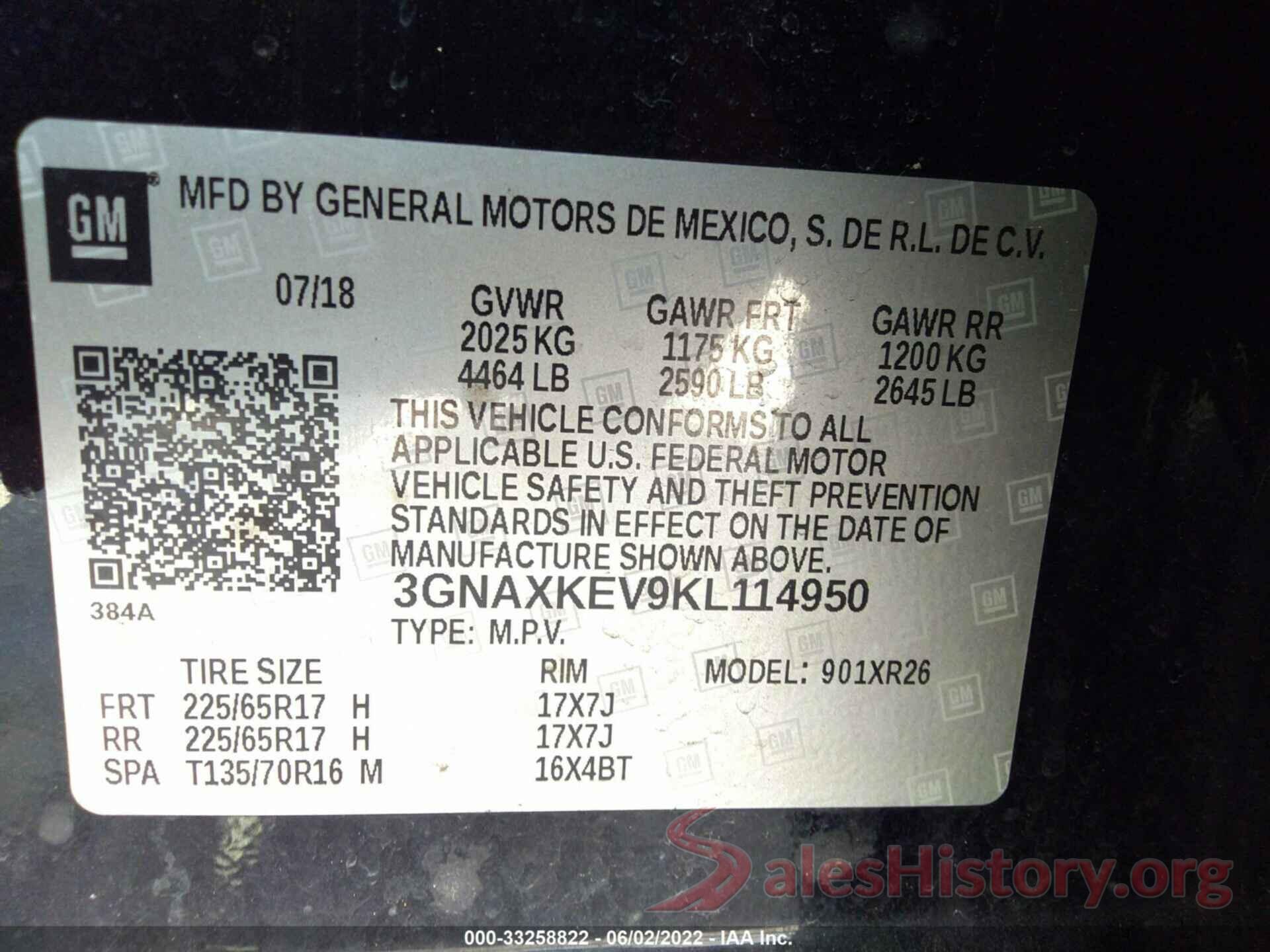 3GNAXKEV9KL114950 2019 CHEVROLET EQUINOX