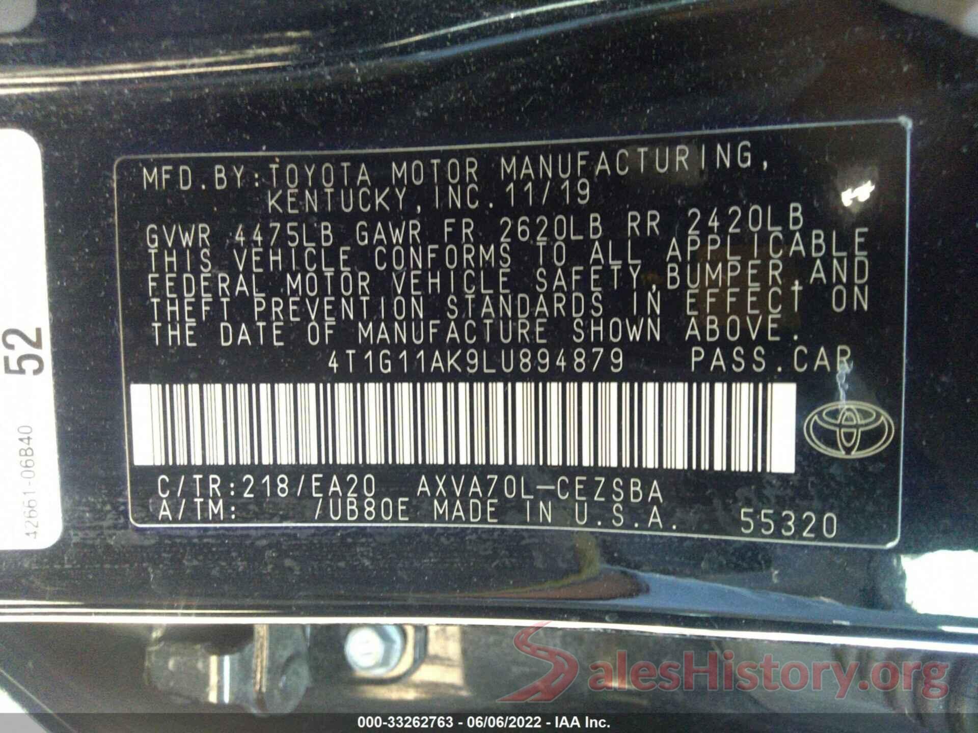 4T1G11AK9LU894879 2020 TOYOTA CAMRY