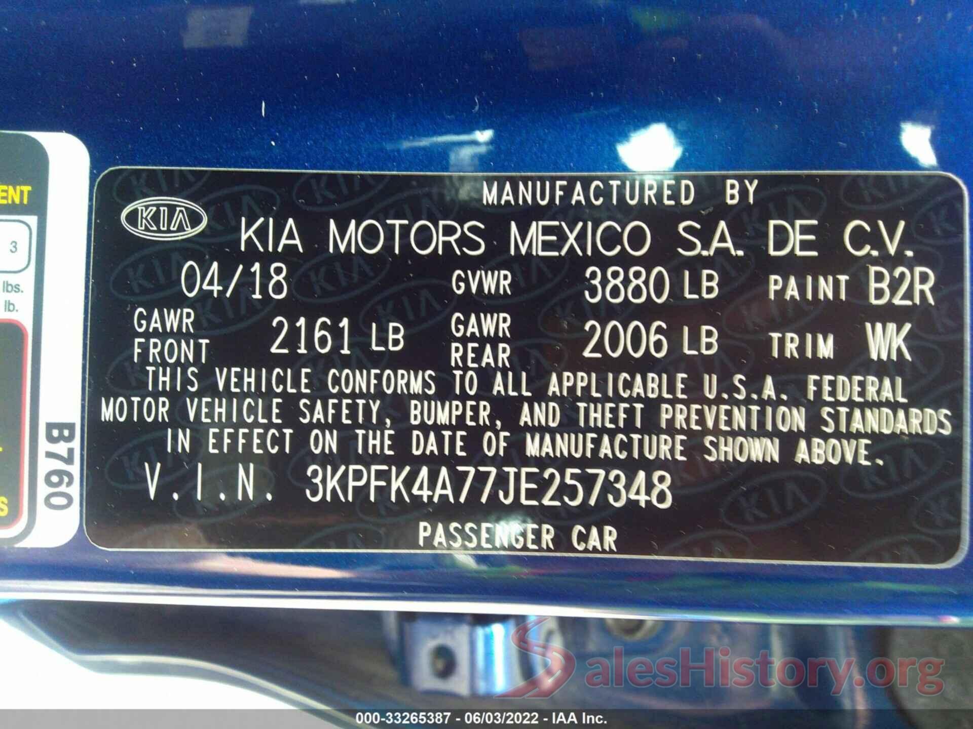 3KPFK4A77JE257348 2018 KIA FORTE