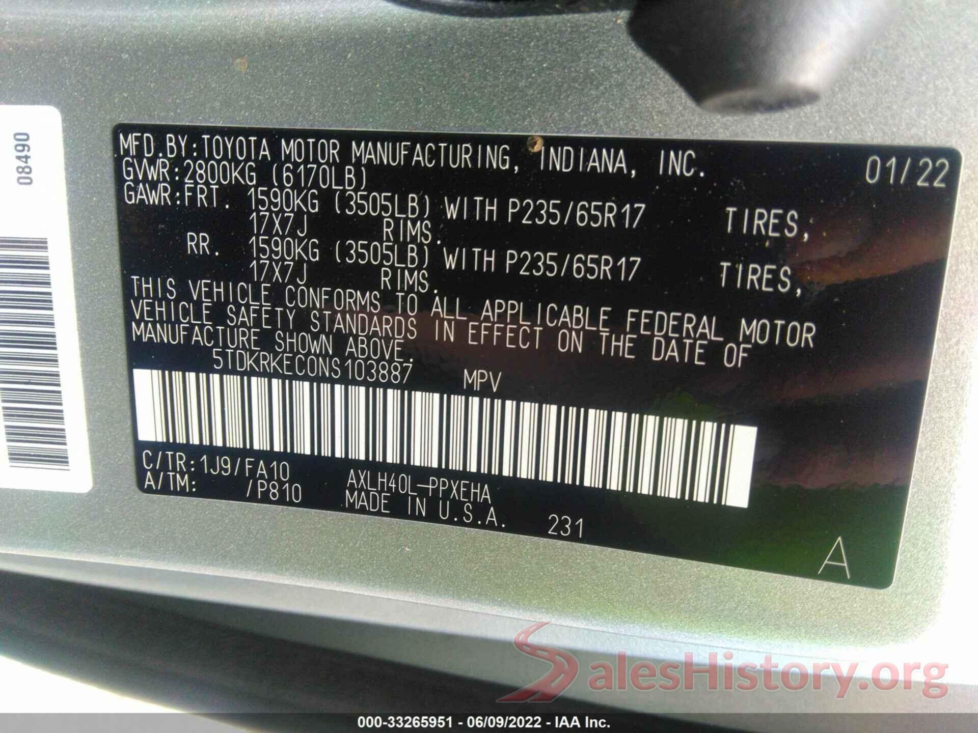 5TDKRKEC0NS103887 2022 TOYOTA SIENNA