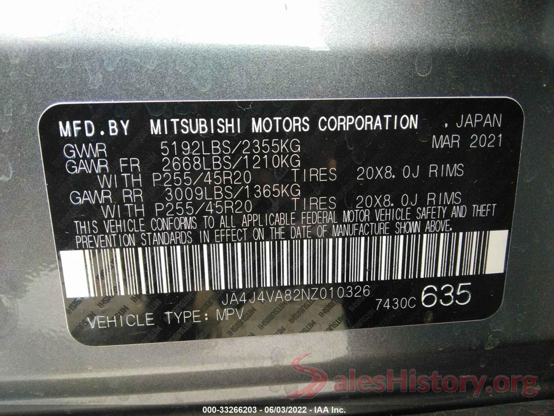 JA4J4VA82NZ010326 2022 MITSUBISHI OUTLANDER