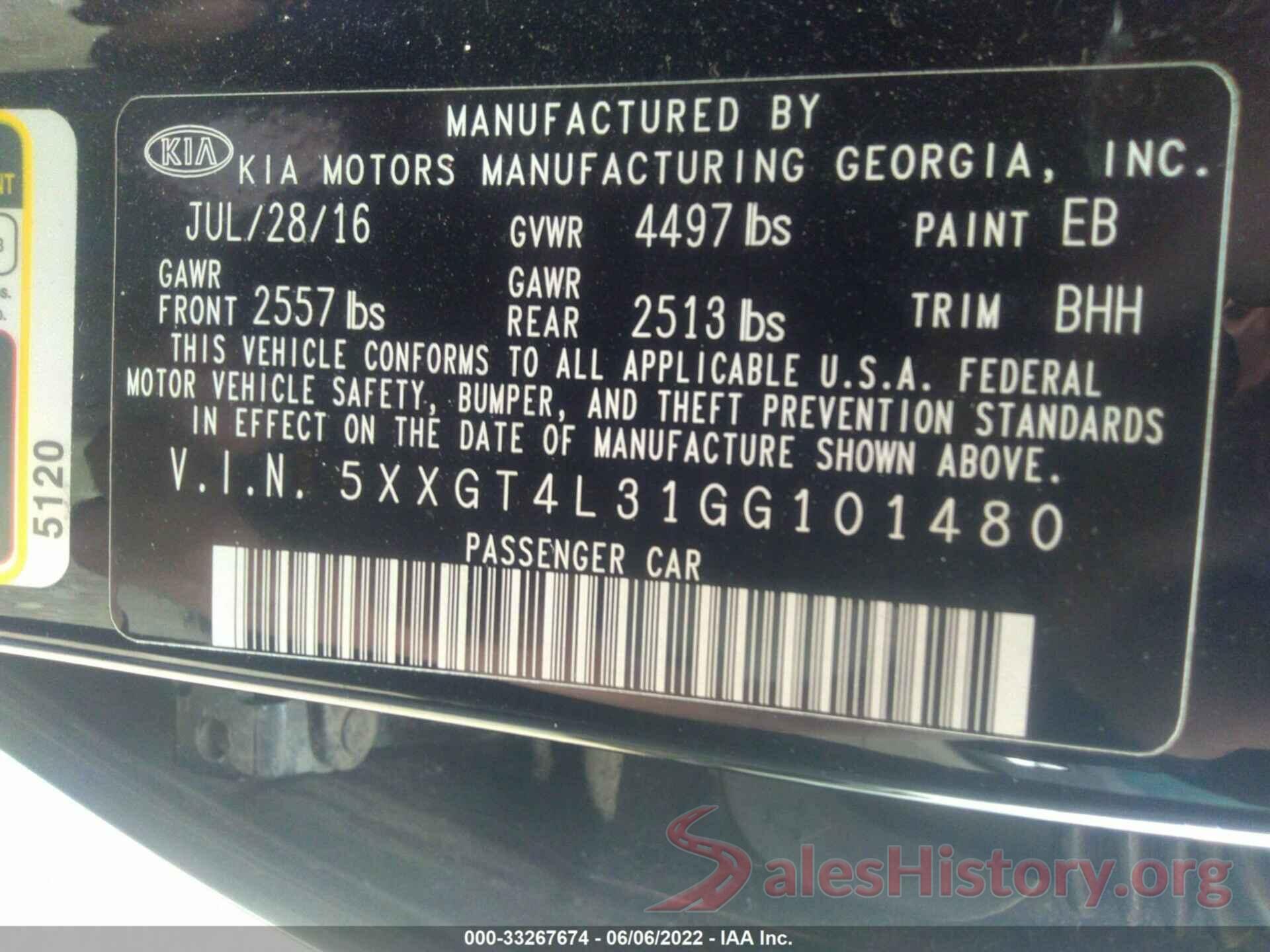 5XXGT4L31GG101480 2016 KIA OPTIMA