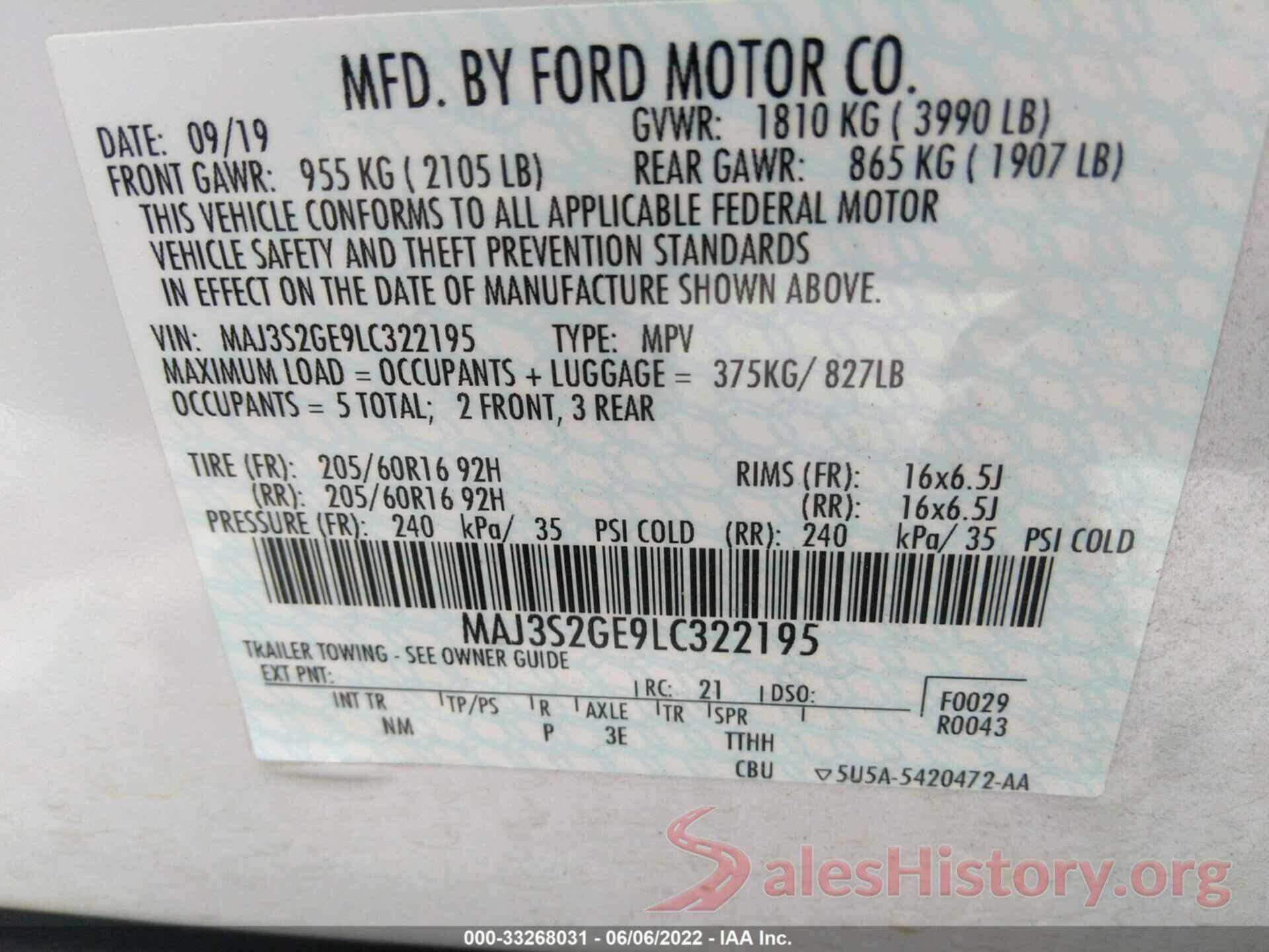 MAJ3S2GE9LC322195 2020 FORD ECOSPORT