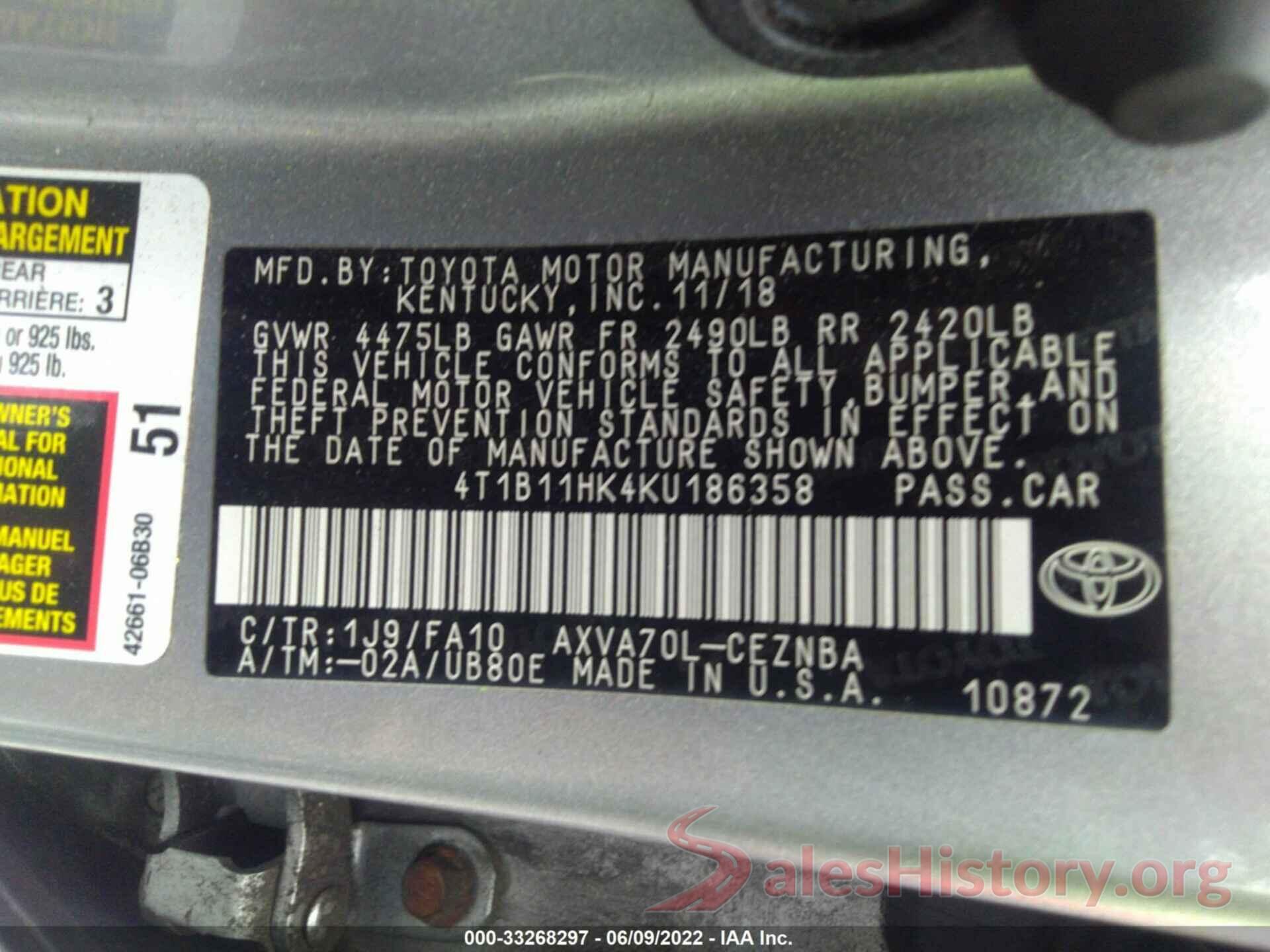 4T1B11HK4KU186358 2019 TOYOTA CAMRY