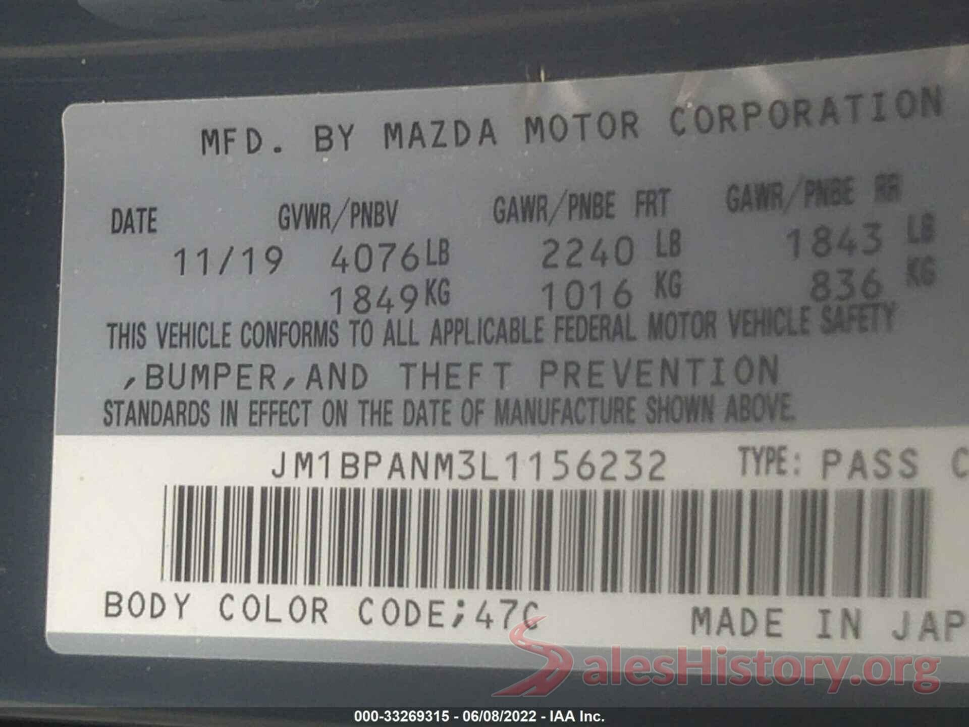 JM1BPANM3L1156232 2020 MAZDA MAZDA3 HATCHBACK