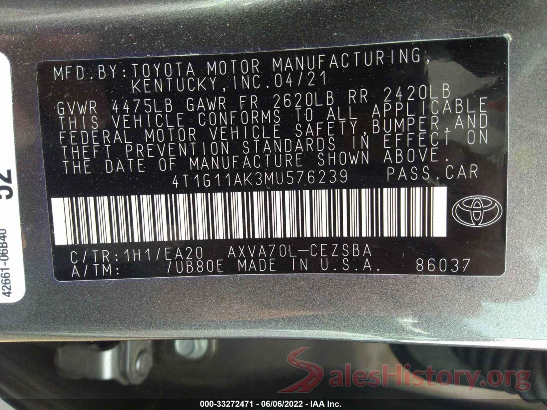 4T1G11AK3MU576239 2021 TOYOTA CAMRY