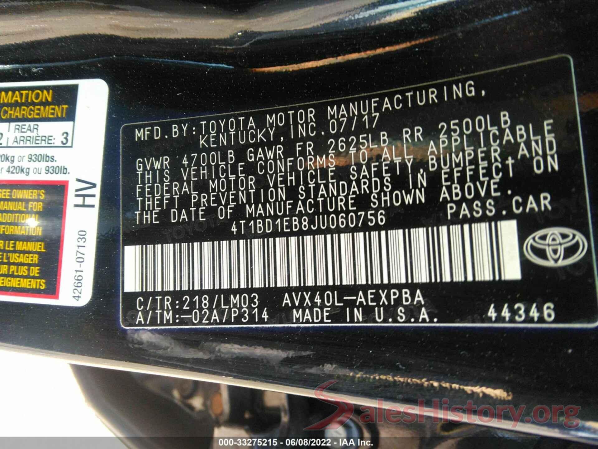 4T1BD1EB8JU060756 2018 TOYOTA AVALON