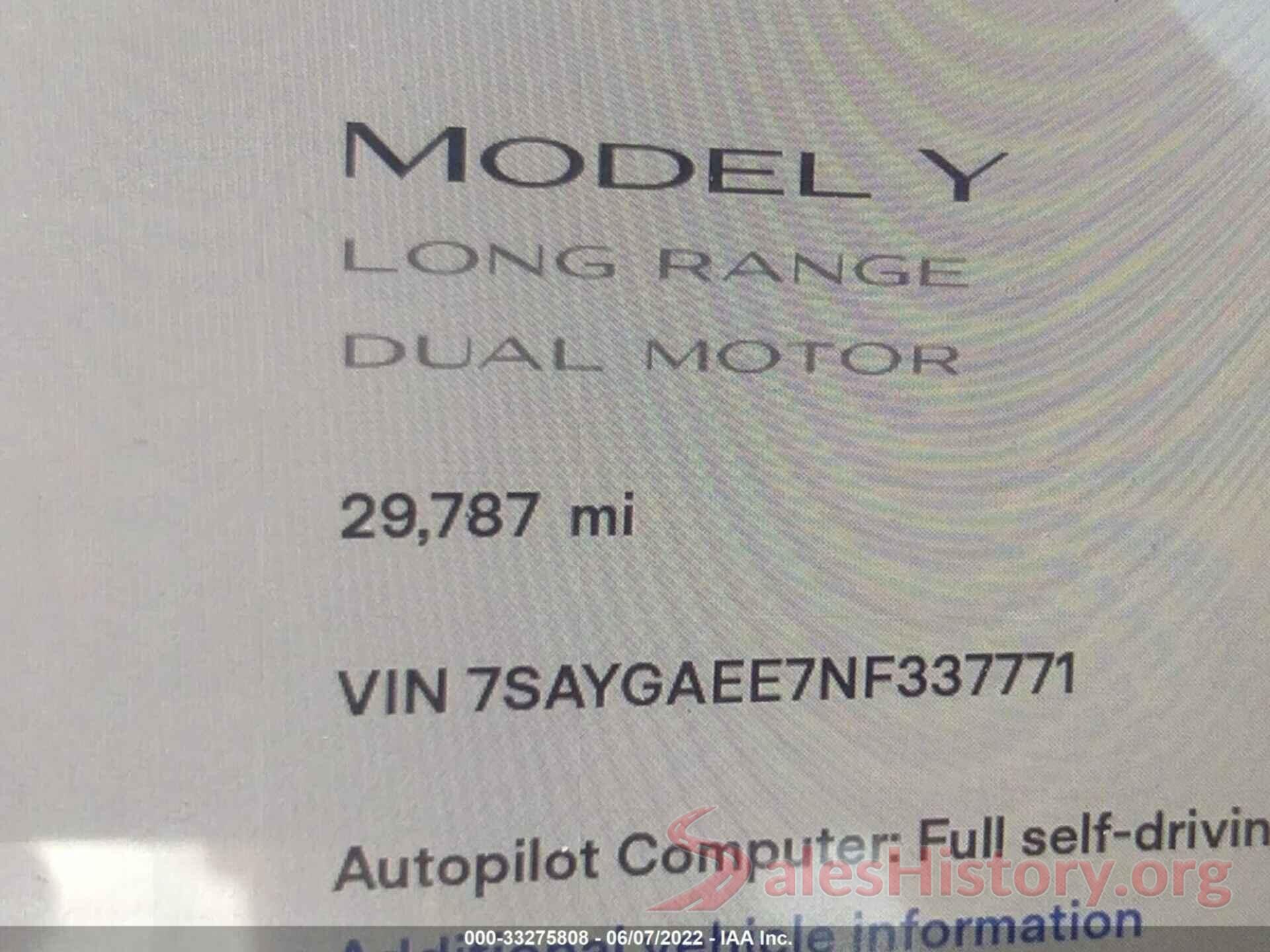 7SAYGAEE7NF337771 2022 TESLA MODEL Y