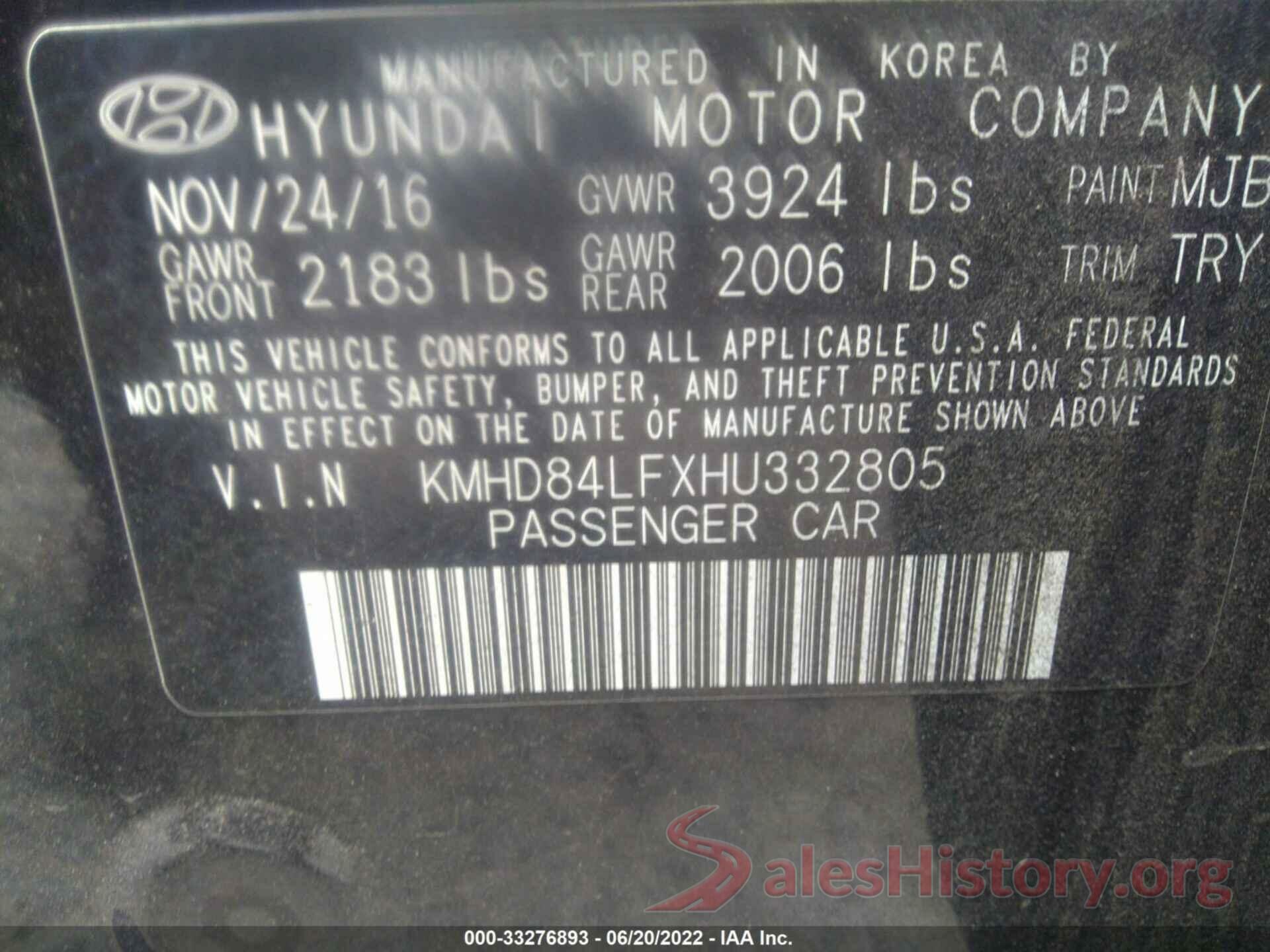 KMHD84LFXHU332805 2017 HYUNDAI ELANTRA