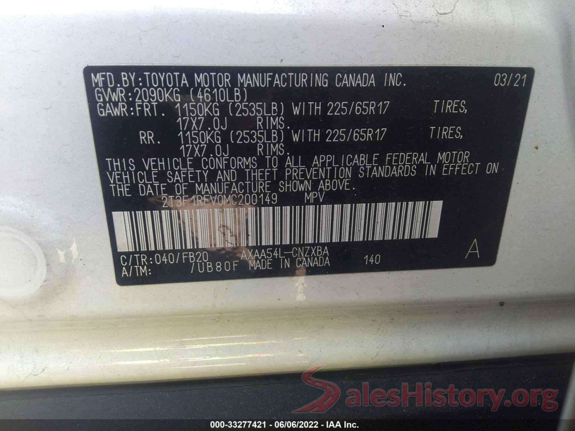 2T3F1RFV0MC200149 2021 TOYOTA RAV4