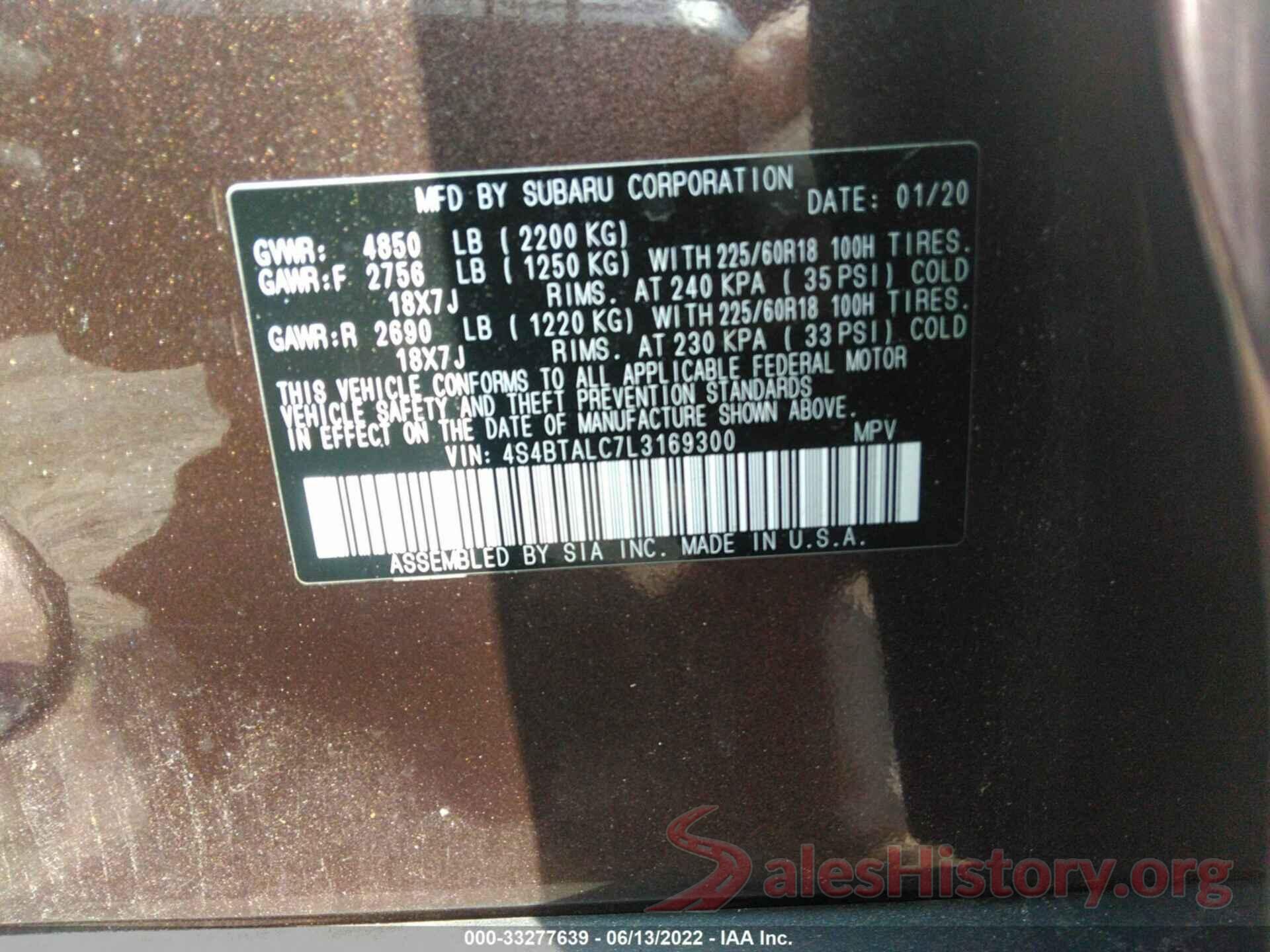 4S4BTALC7L3169300 2020 SUBARU OUTBACK