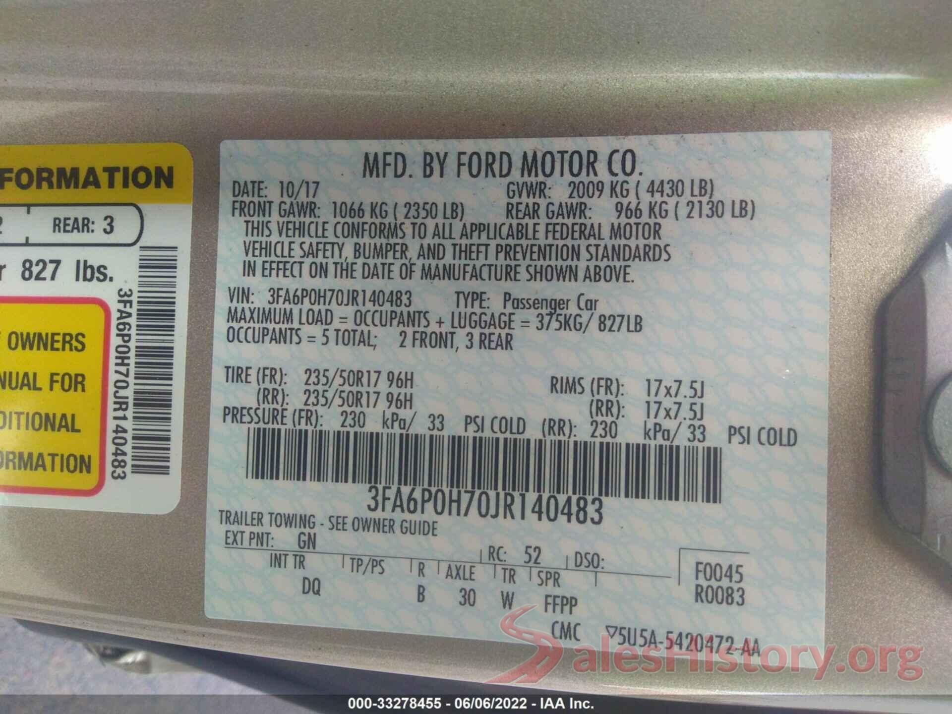 3FA6P0H70JR140483 2018 FORD FUSION