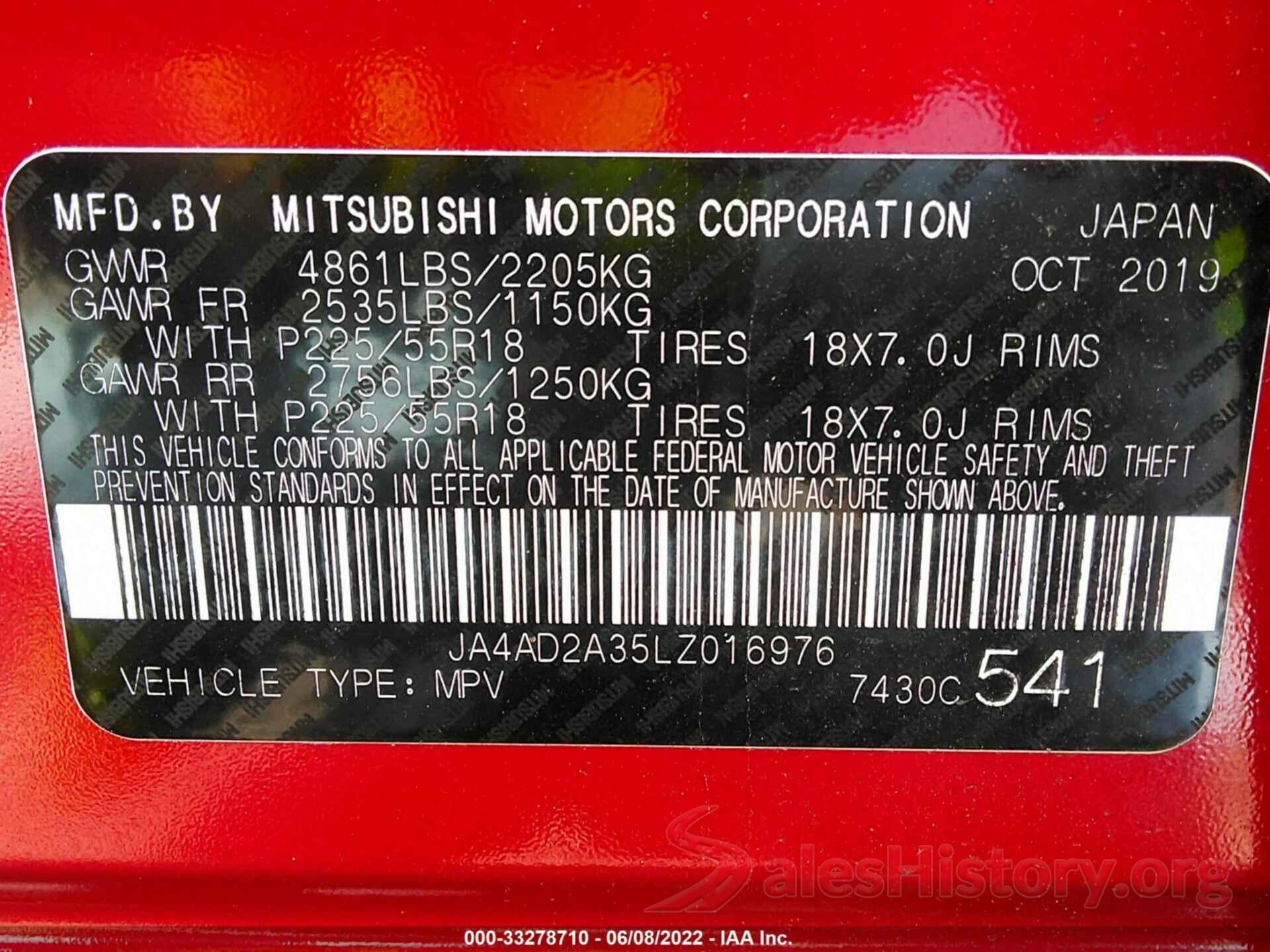 JA4AD2A35LZ016976 2020 MITSUBISHI OUTLANDER