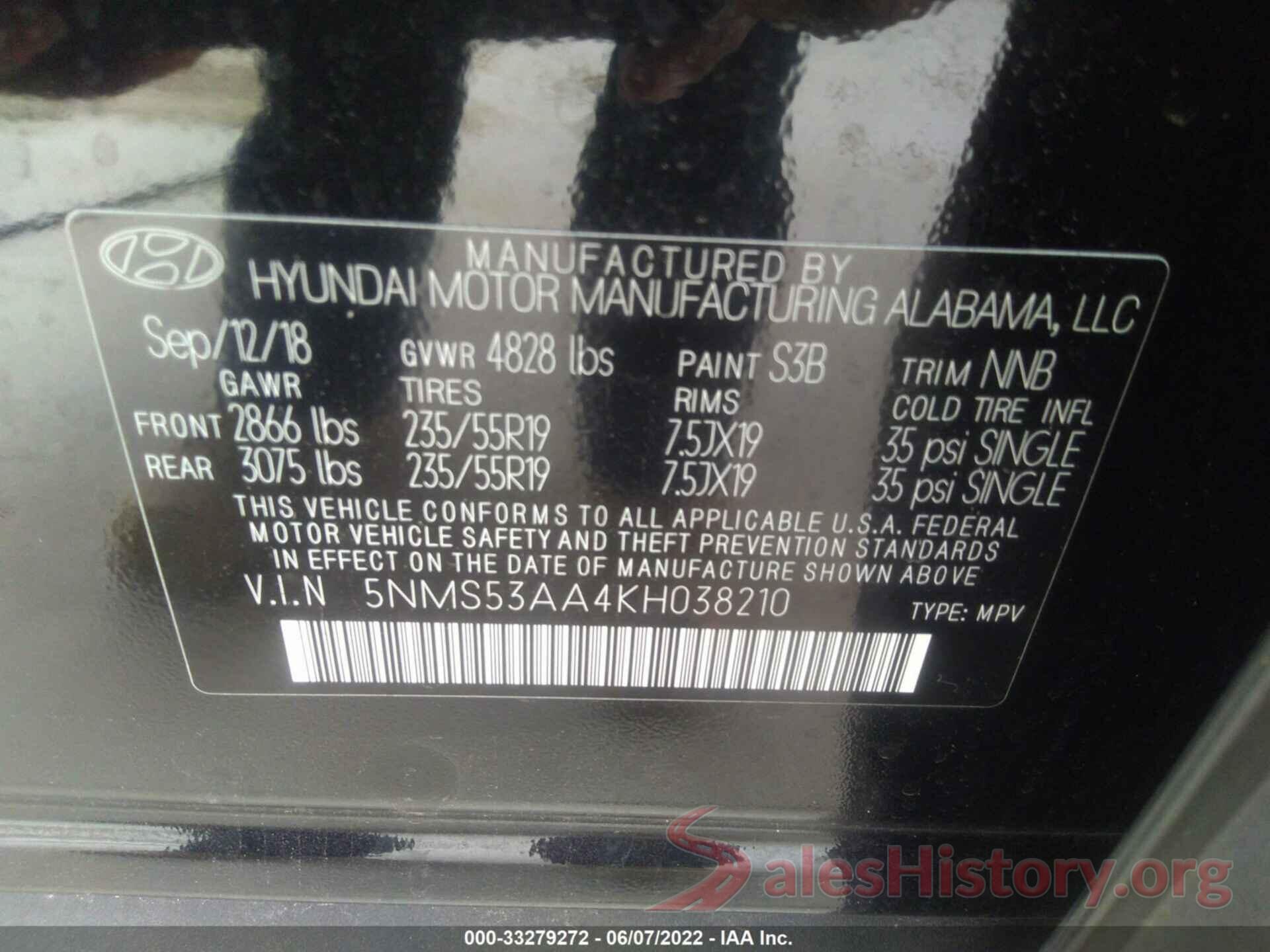 5NMS53AA4KH038210 2019 HYUNDAI SANTA FE