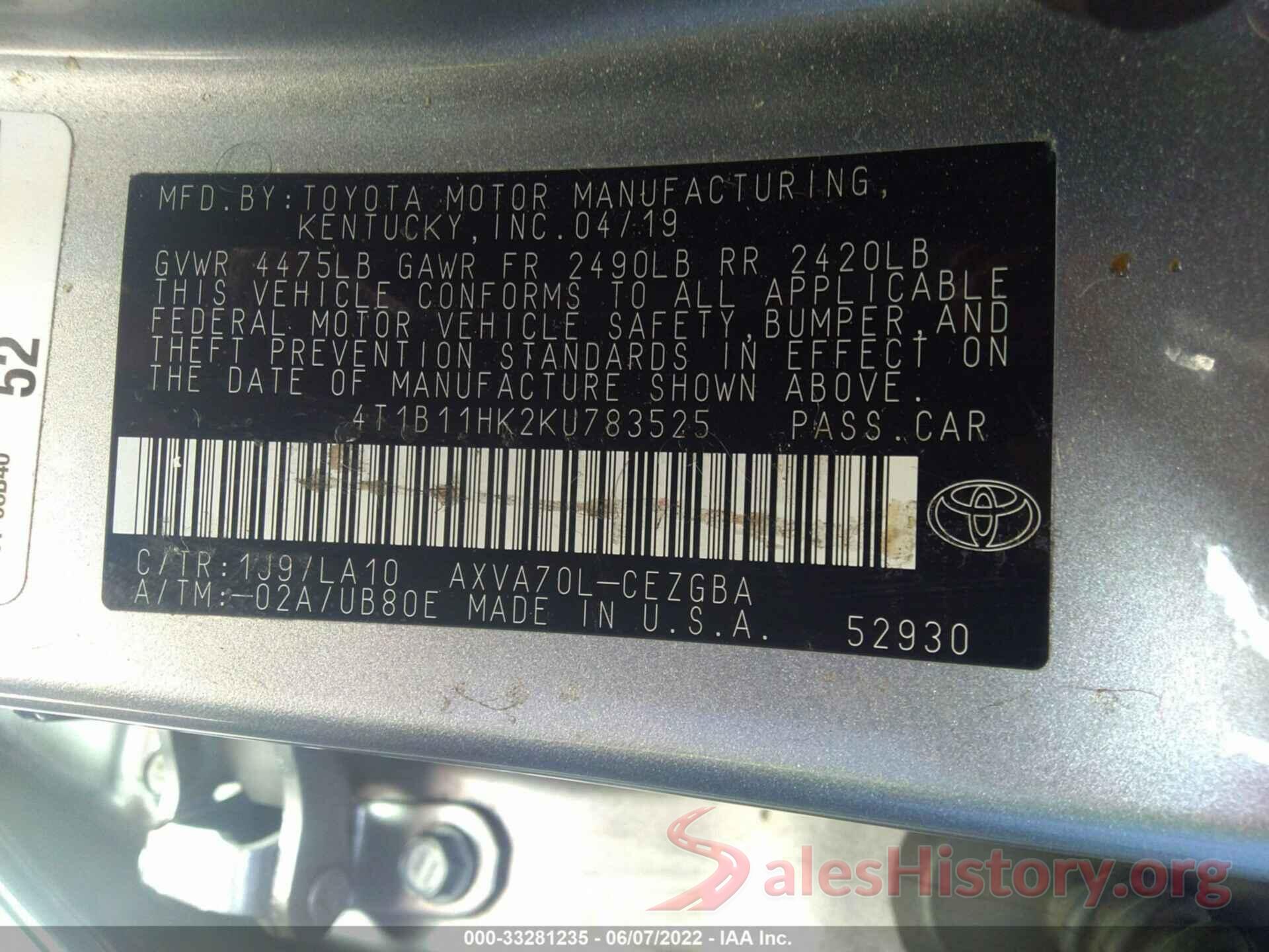 4T1B11HK2KU783525 2019 TOYOTA CAMRY