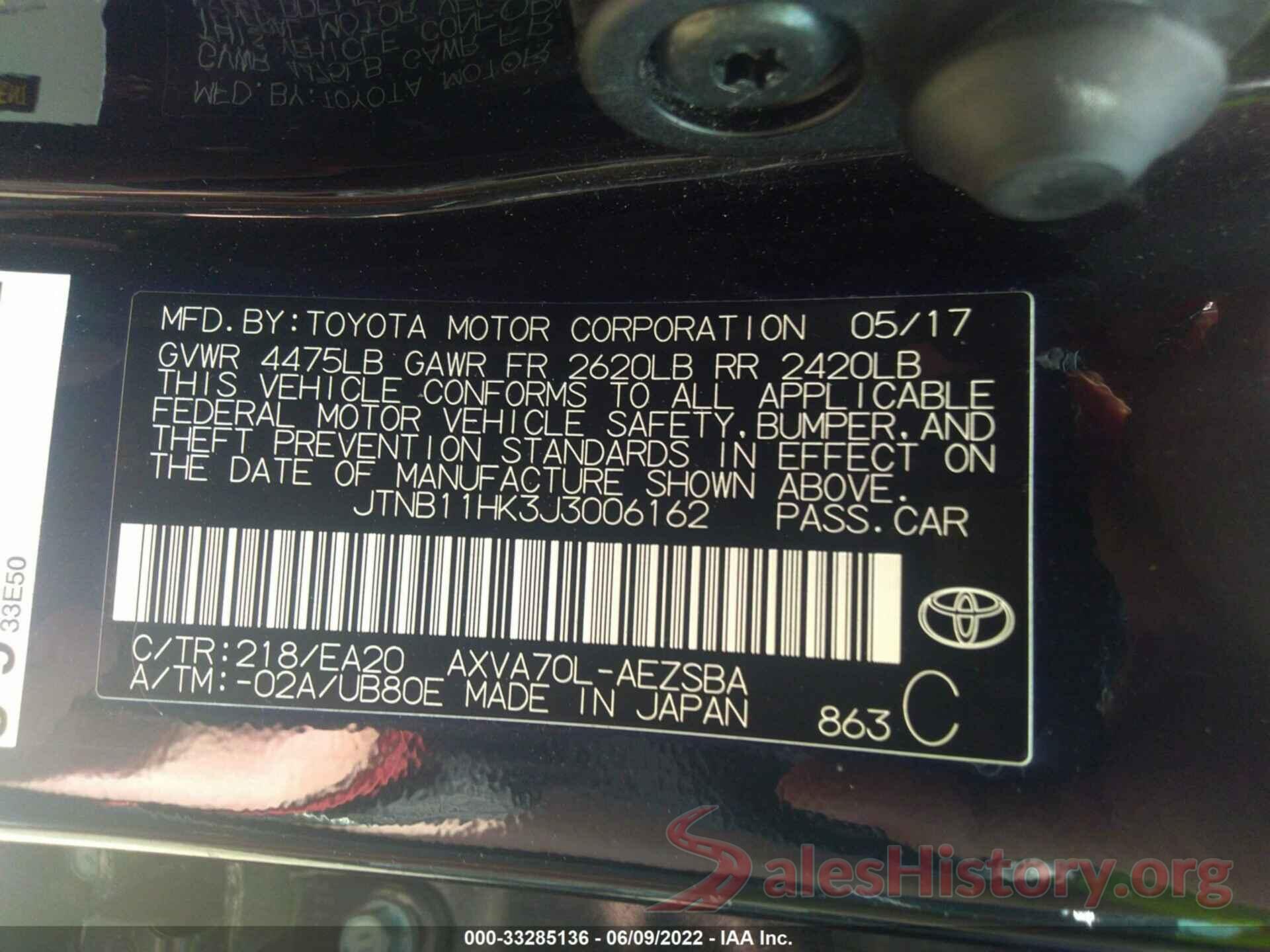 JTNB11HK3J3006162 2018 TOYOTA CAMRY