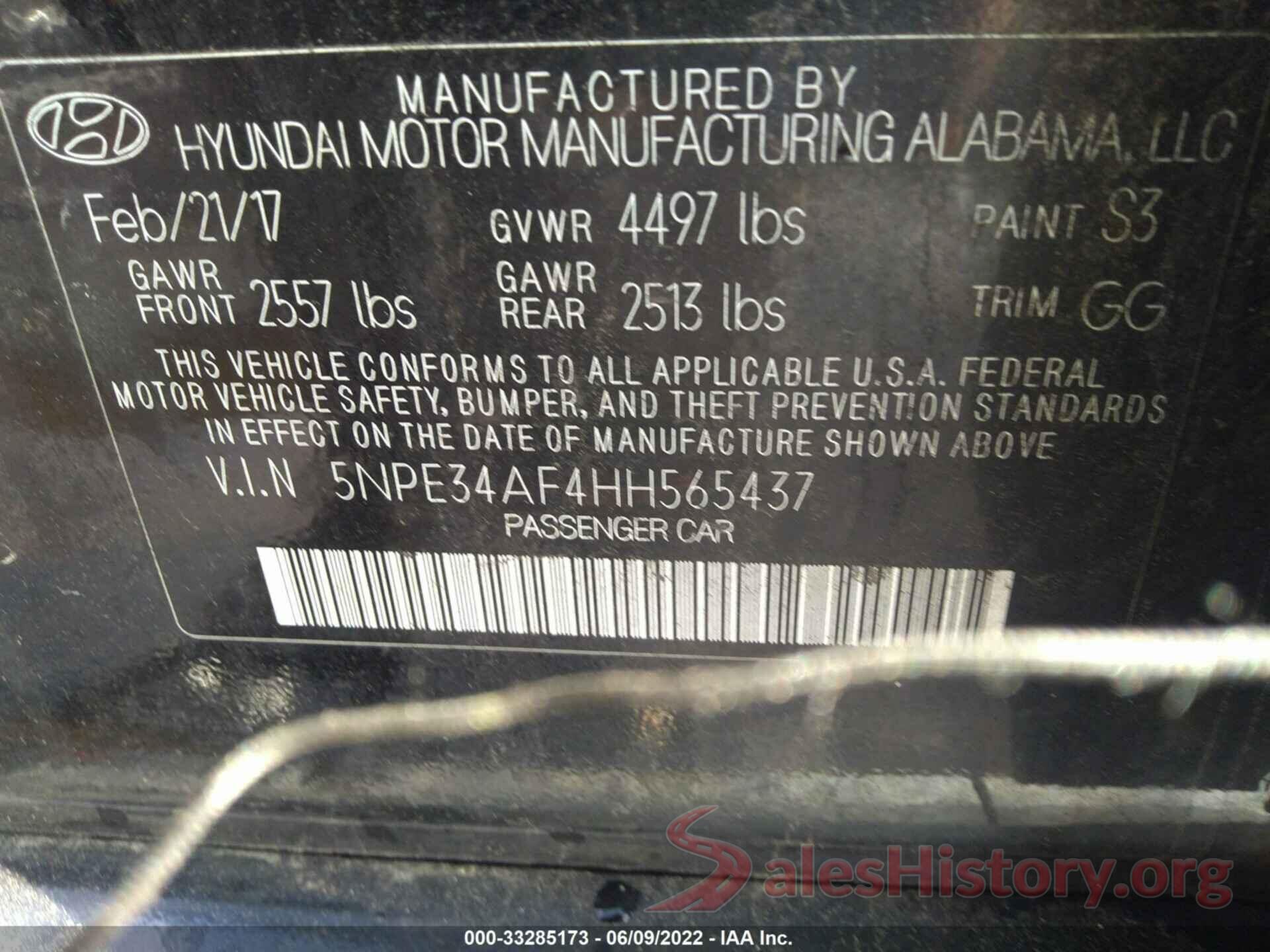 5NPE34AF4HH565437 2017 HYUNDAI SONATA