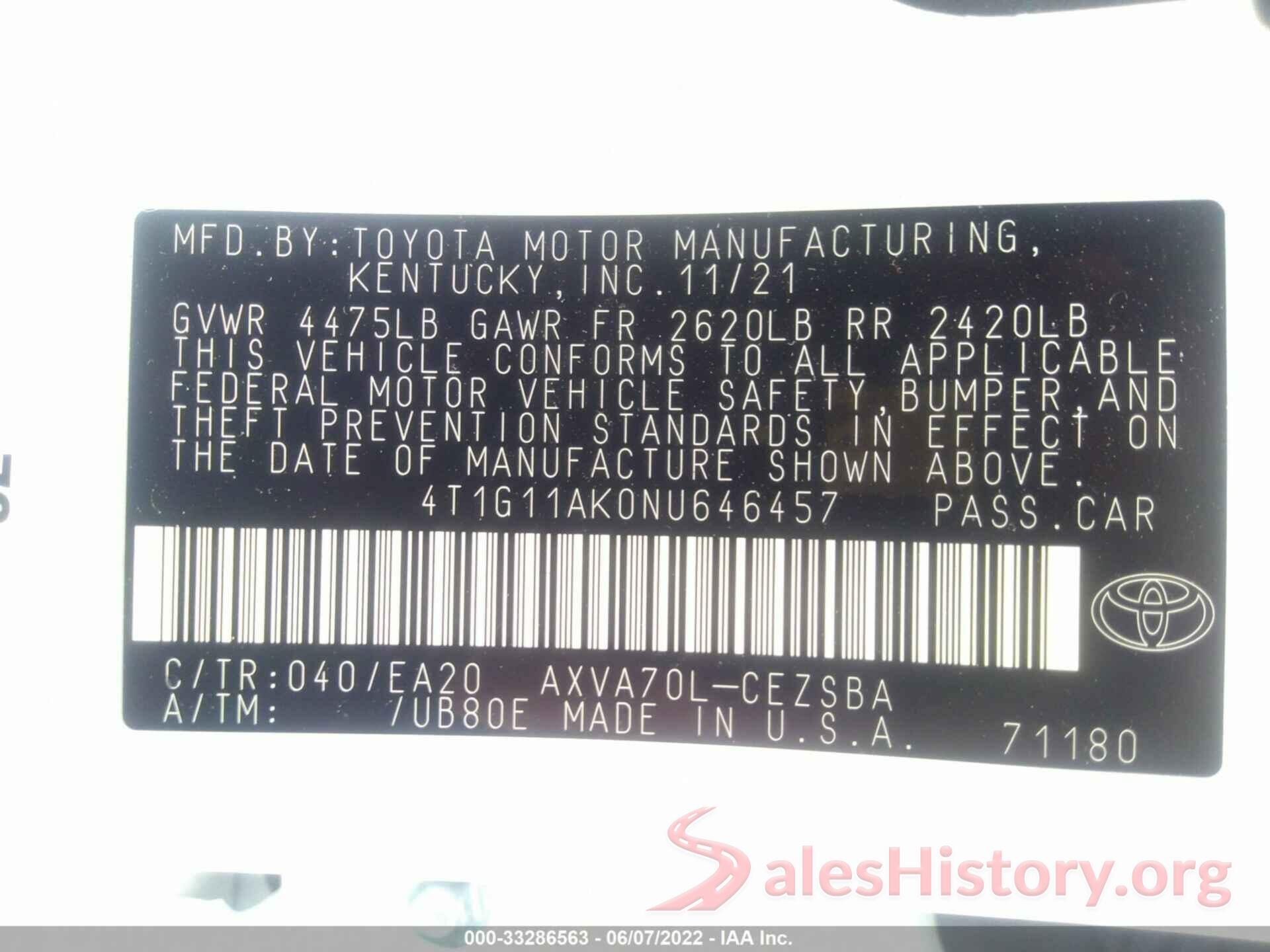 4T1G11AK0NU646457 2022 TOYOTA CAMRY