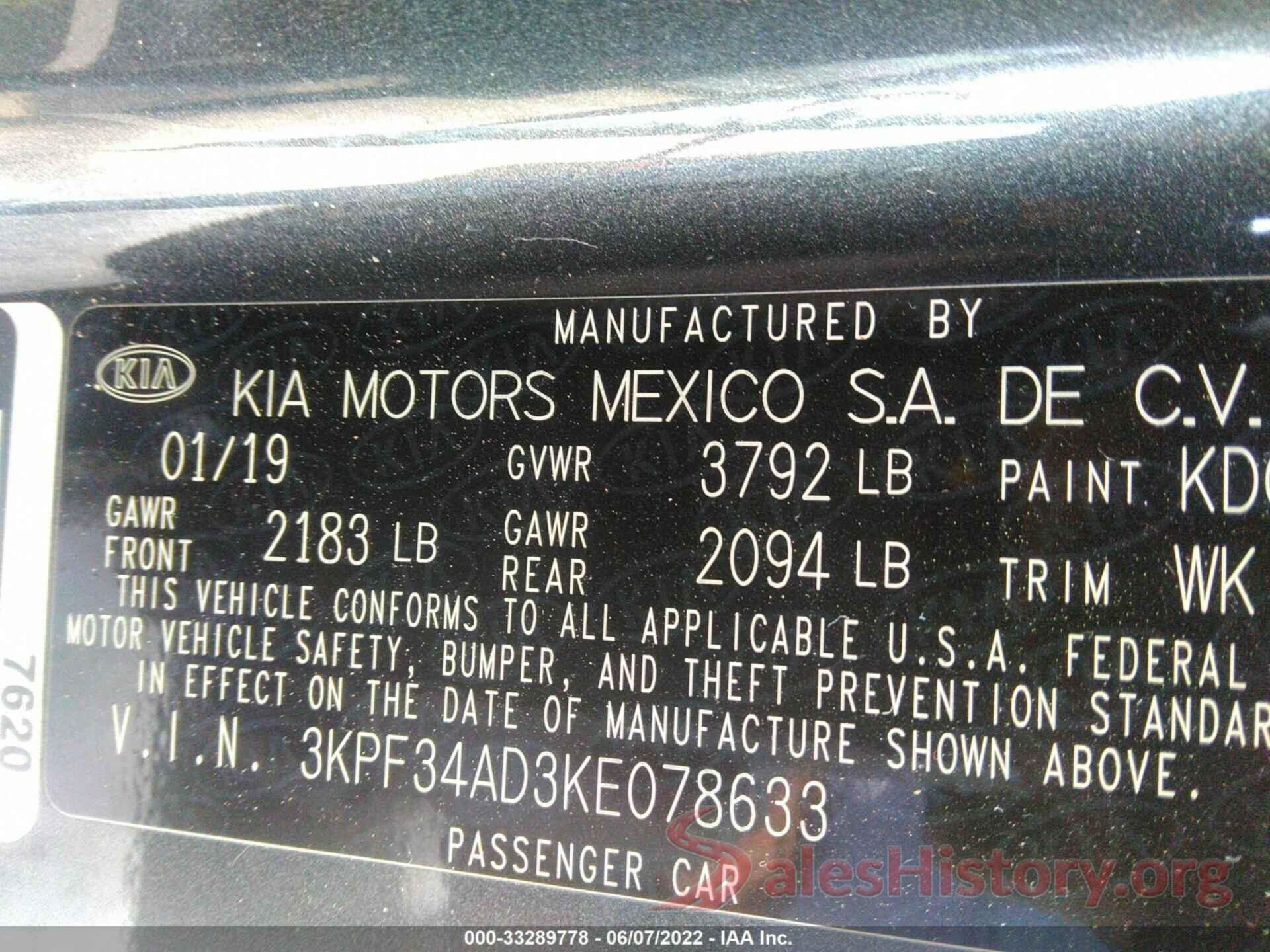 3KPF34AD3KE078633 2019 KIA FORTE