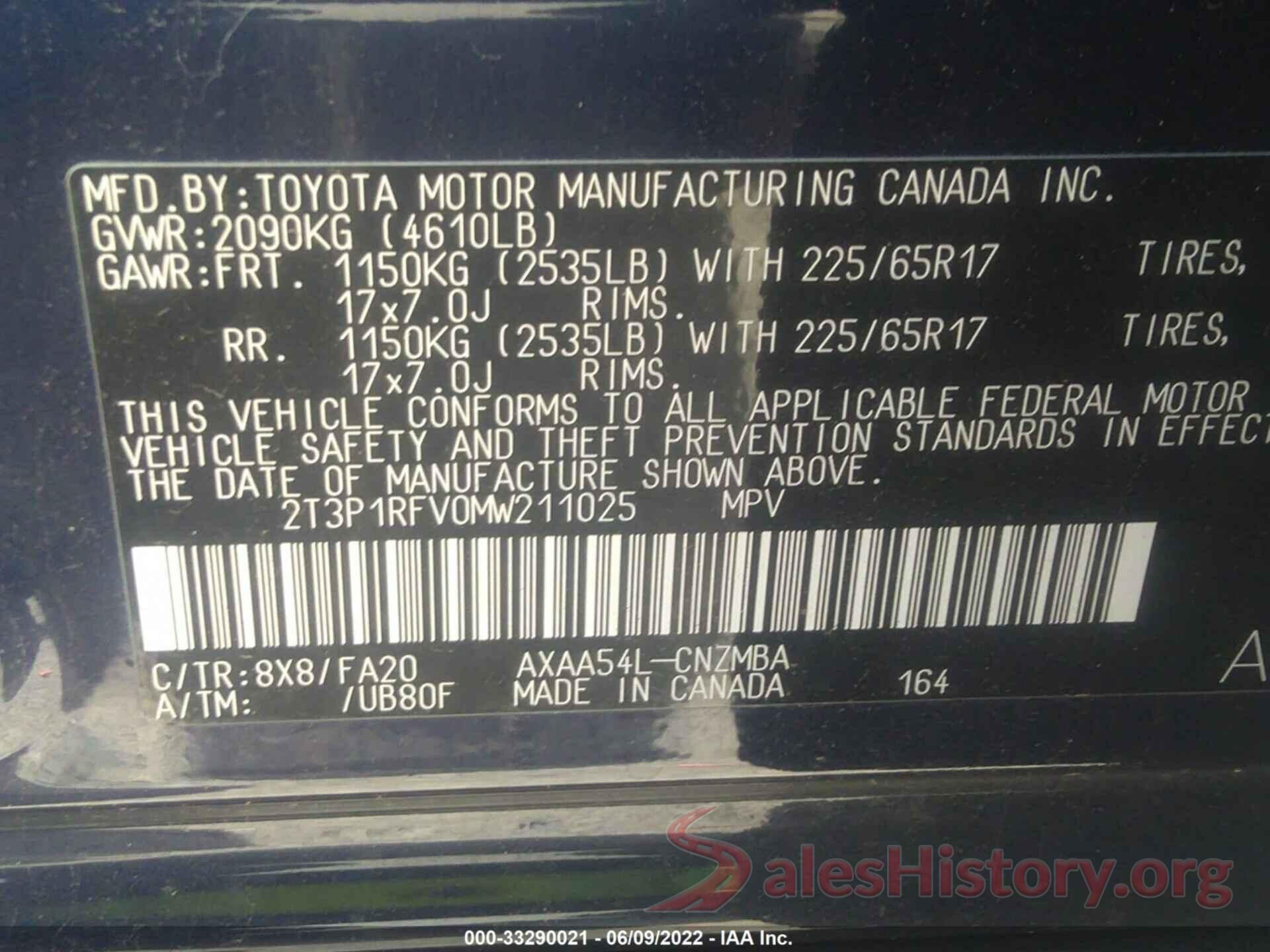 2T3P1RFV0MW211025 2021 TOYOTA RAV4