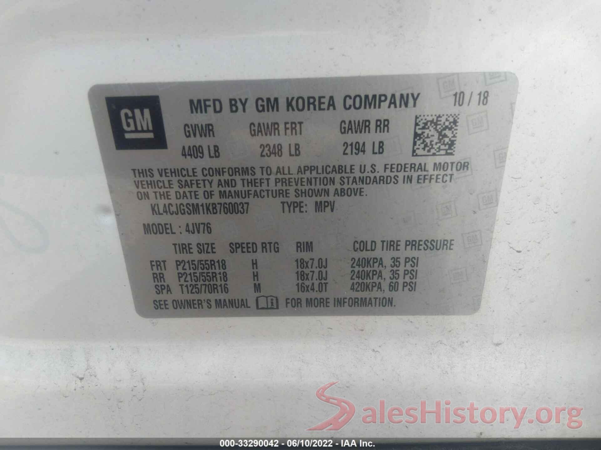 KL4CJGSM1KB760037 2019 BUICK ENCORE