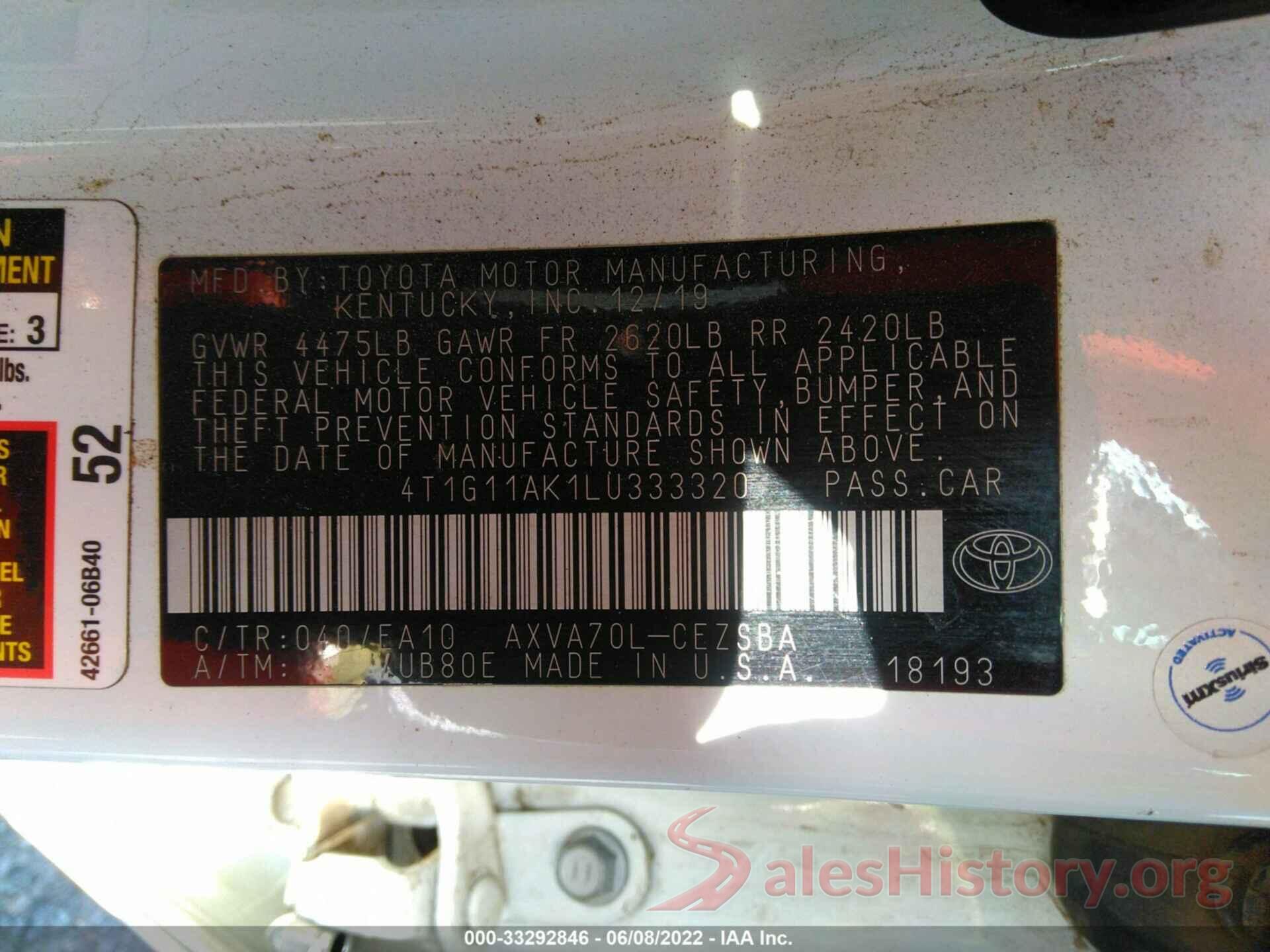 4T1G11AK1LU333320 2020 TOYOTA CAMRY