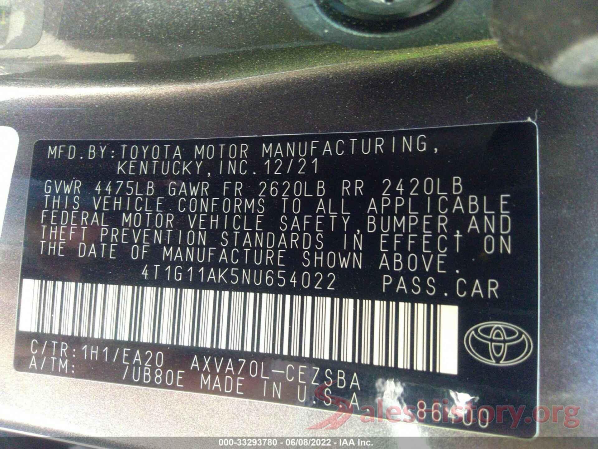 4T1G11AK5NU654022 2022 TOYOTA CAMRY