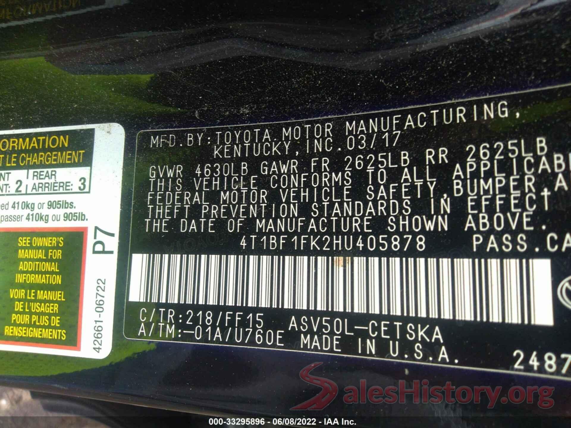 4T1BF1FK2HU405878 2017 TOYOTA CAMRY