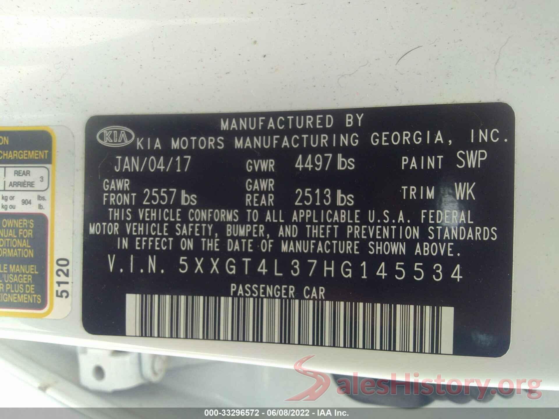 5XXGT4L37HG145534 2017 KIA OPTIMA