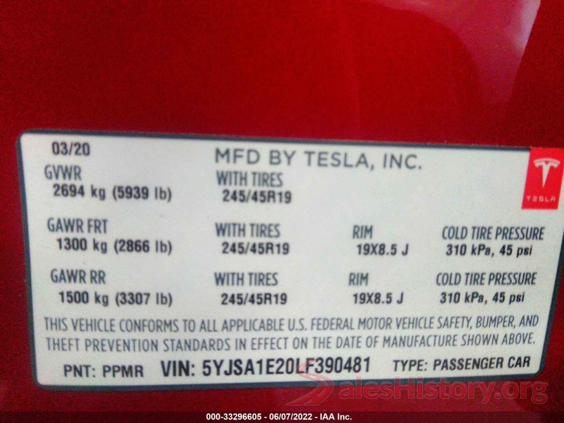 5YJSA1E20LF390481 2020 TESLA MODEL S