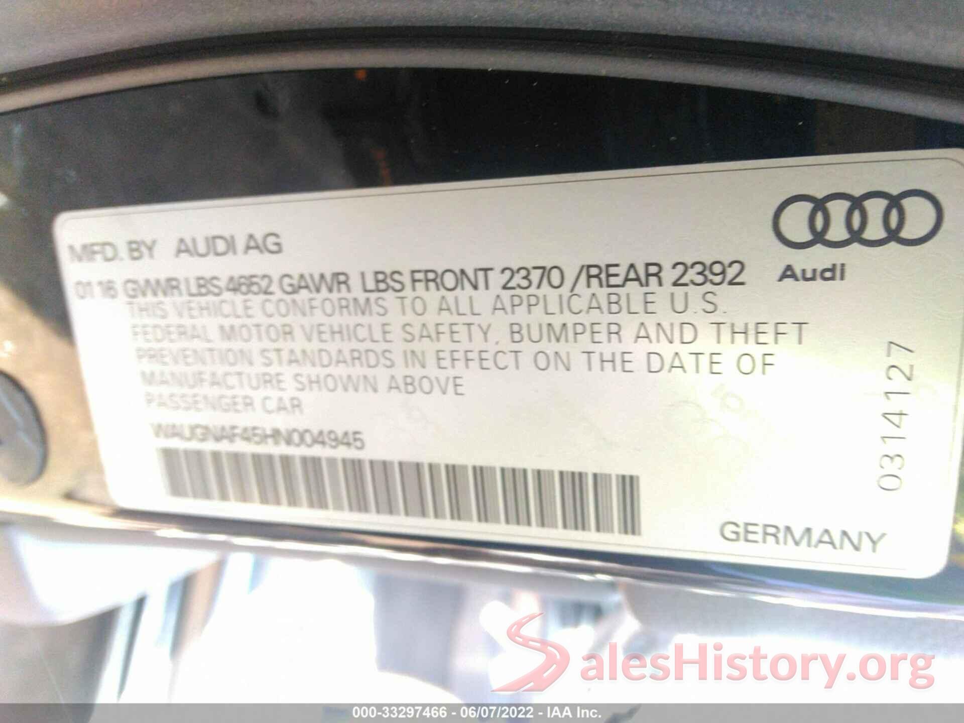 WAUGNAF45HN004945 2017 AUDI A4