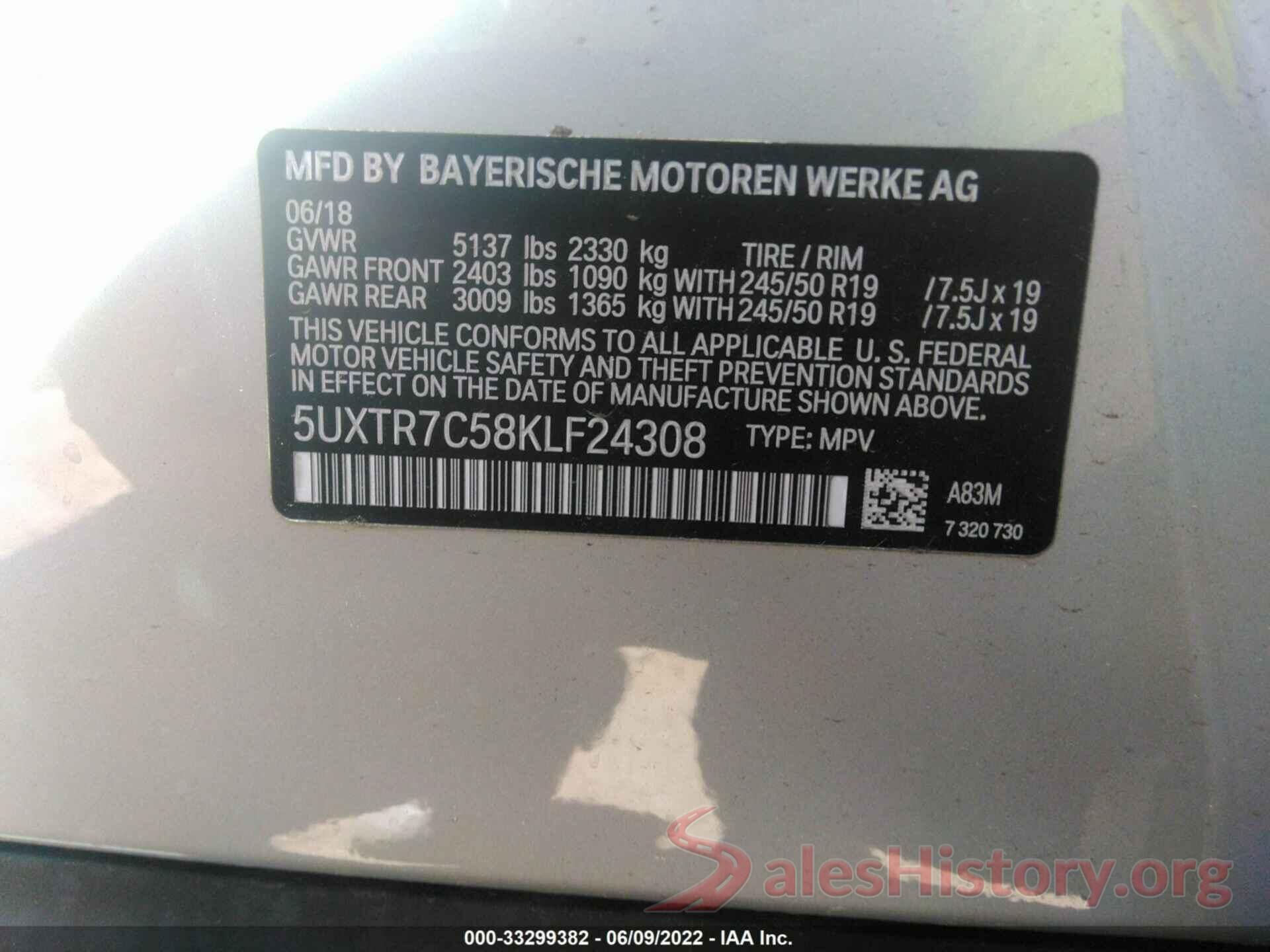 5UXTR7C58KLF24308 2019 BMW X3