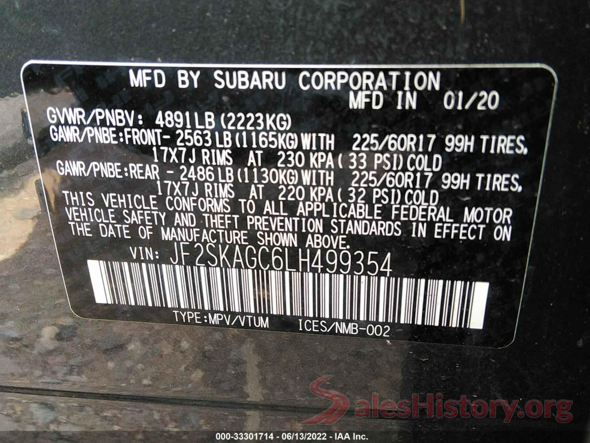 JF2SKAGC6LH499354 2020 SUBARU FORESTER