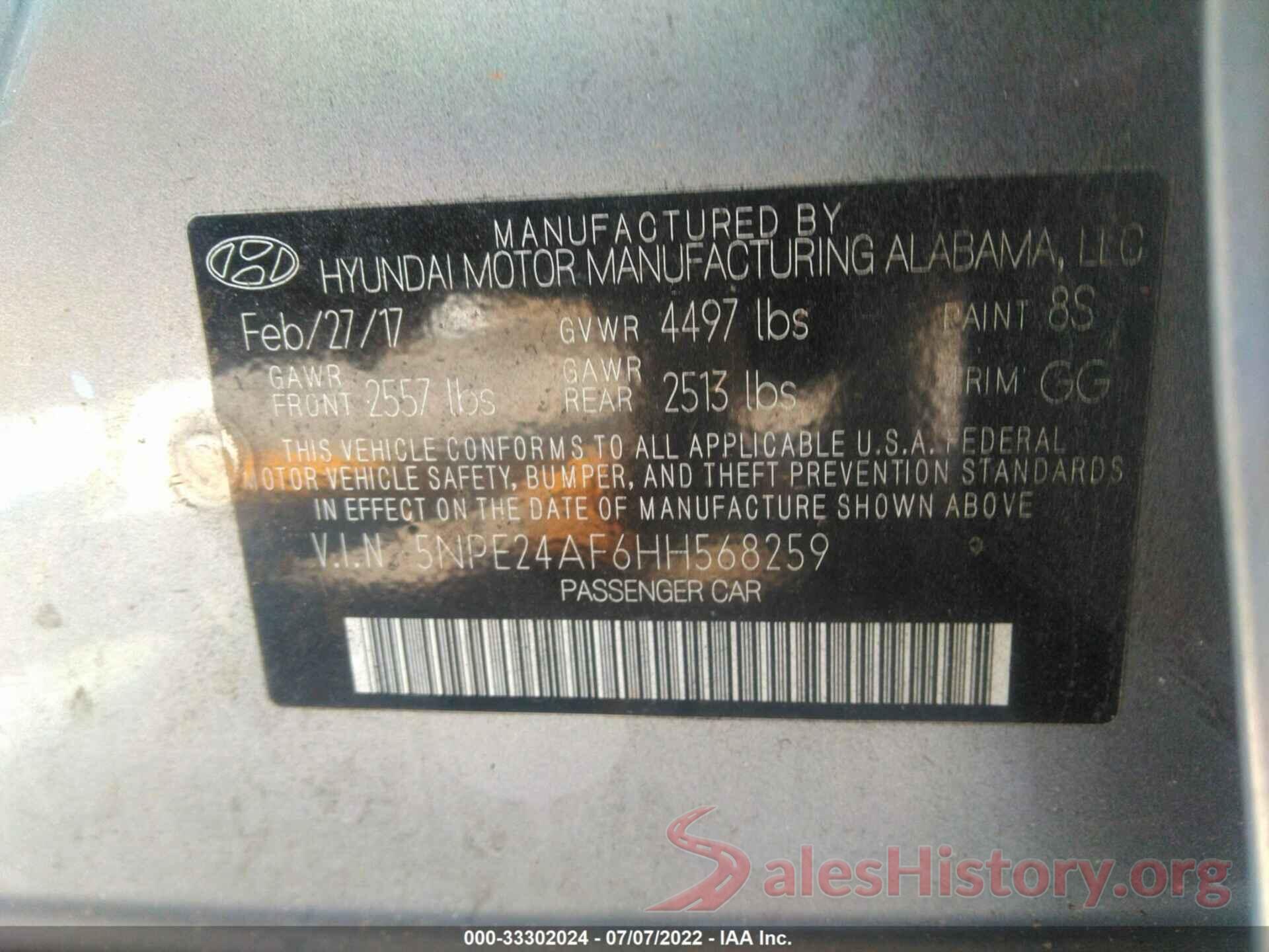 5NPE24AF6HH568259 2017 HYUNDAI SONATA