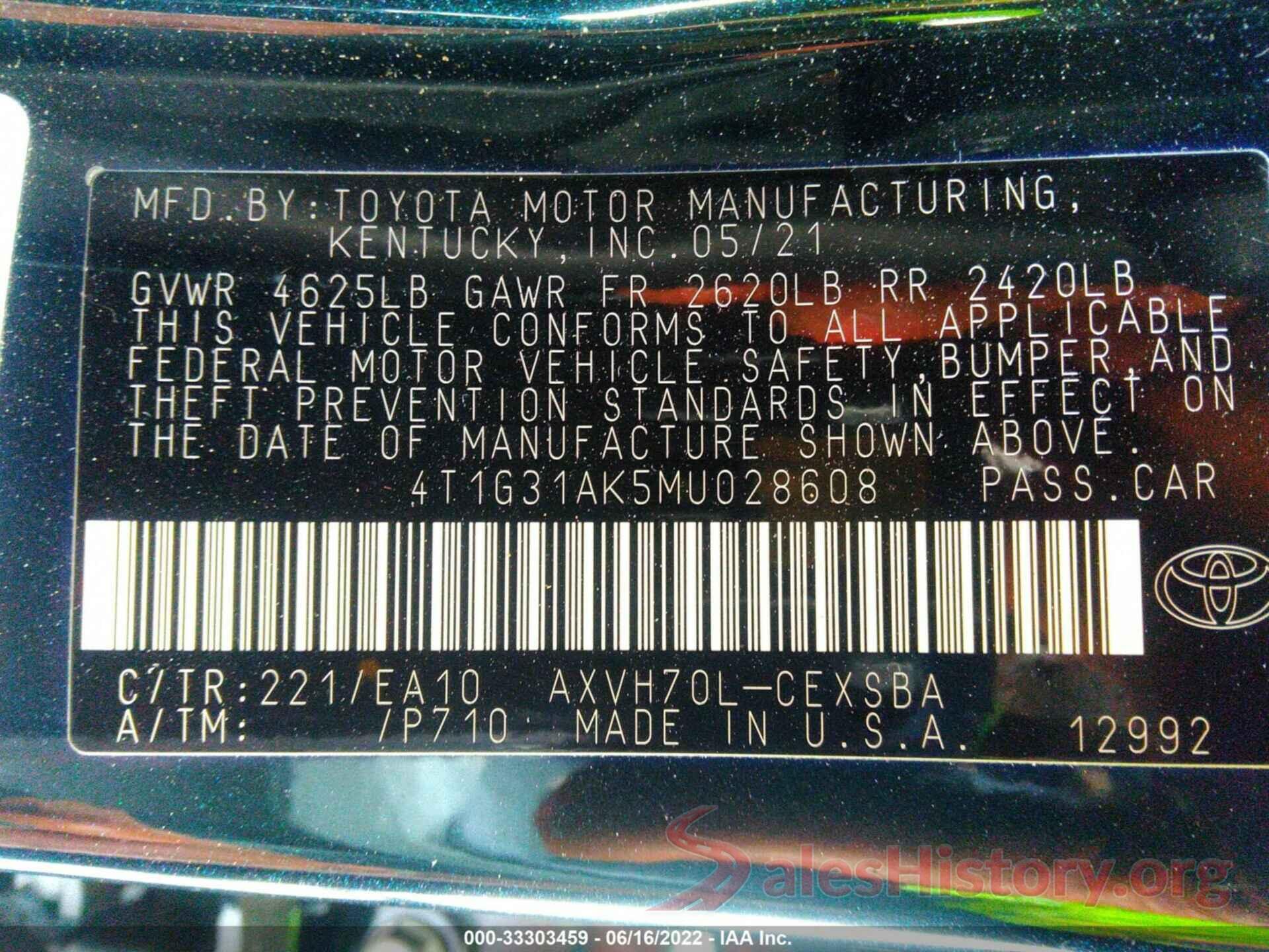 4T1G31AK5MU028608 2021 TOYOTA CAMRY